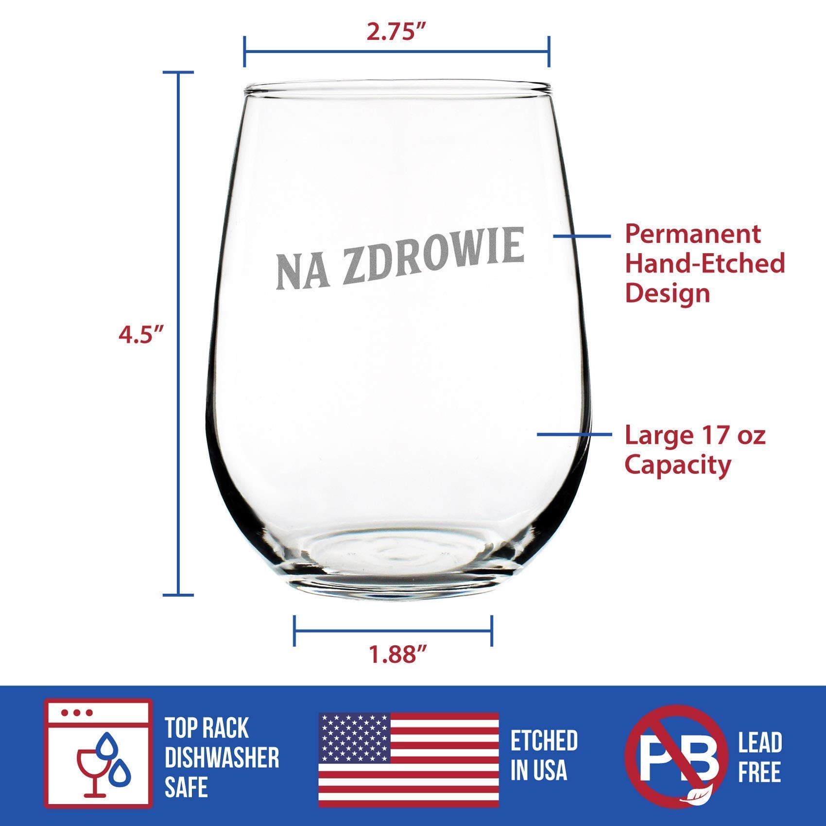Bevvee Na Zdrowie Polish Cheers - Stemless Wine Glass - Cute Poland Themed Gifts or Party Decor - Large 17 Ounce