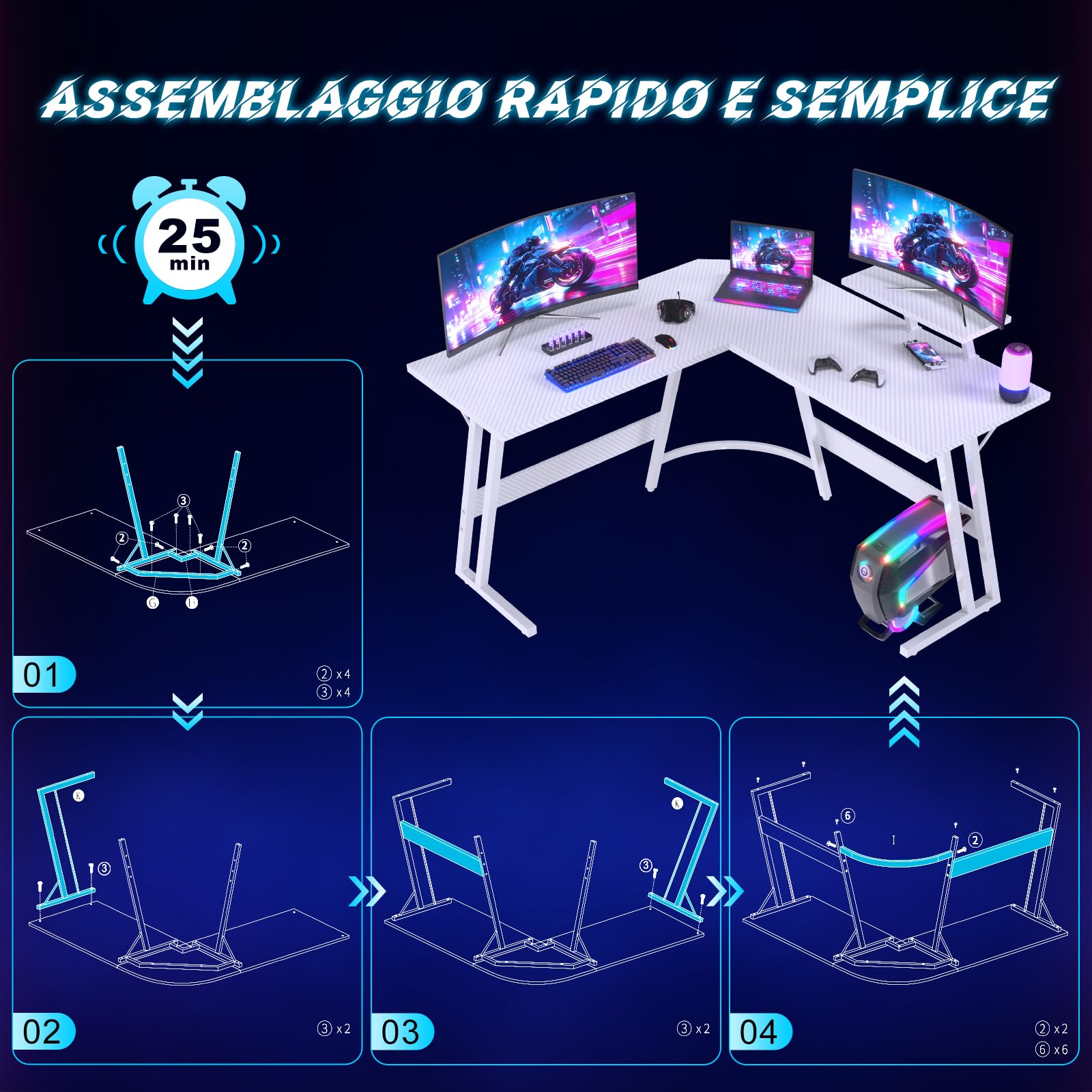 JUMMICO Scrivania Angolare, Scrivania Gaming 120x120cm - Tavolo da Gioco a L con Supporto Reversibile per lo Schermo - Versatile (gioco/lavoro/studio) - Rivestita in Carbonio - Bianco