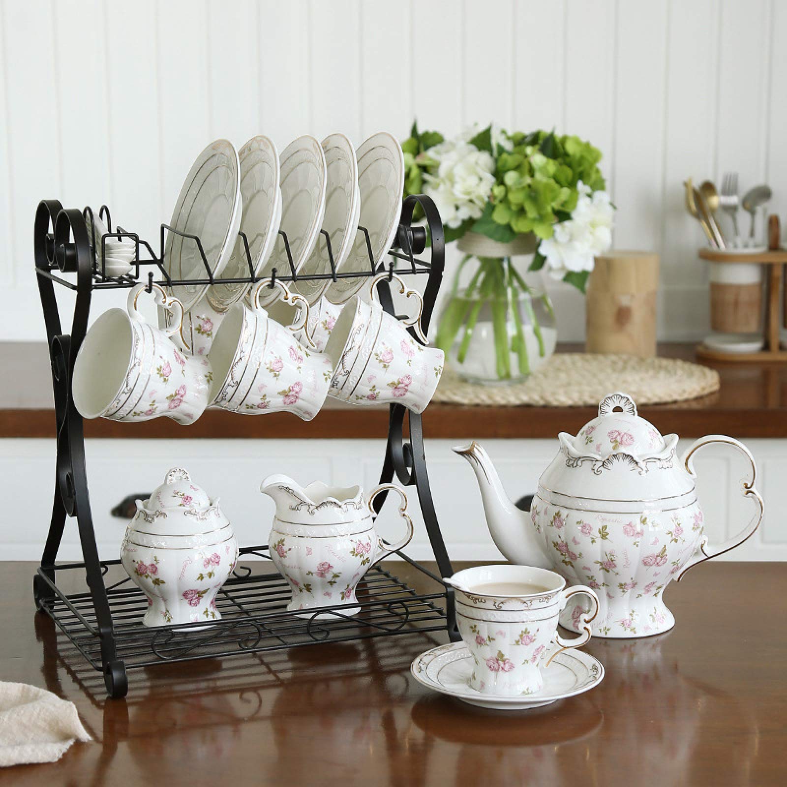 zestaw do herbaty, Zestaw porcelanowych filiżanek do herbaty Zestawy filiżanki kawy ze spodkiem podwieczorku Serwisowy zestaw upominkowy Chińska filiżanka z podstawką Cukiernica i dzbanek śmietanki