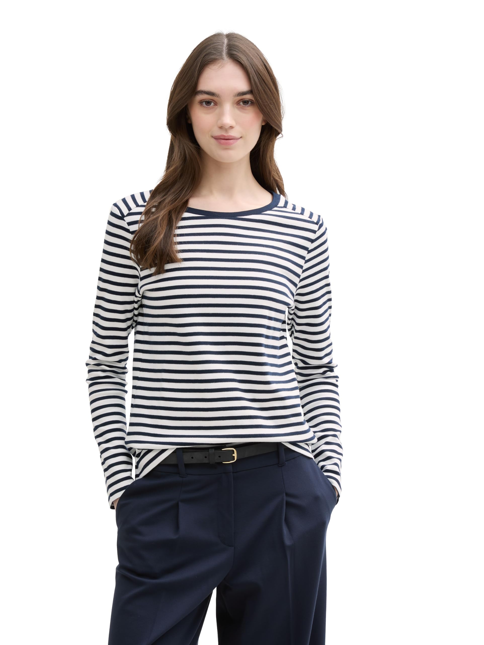 TOM TAILOR Denim Women's 1043085 Long-Sleeved T-Shirt, 25924-Navy White Stripe, M