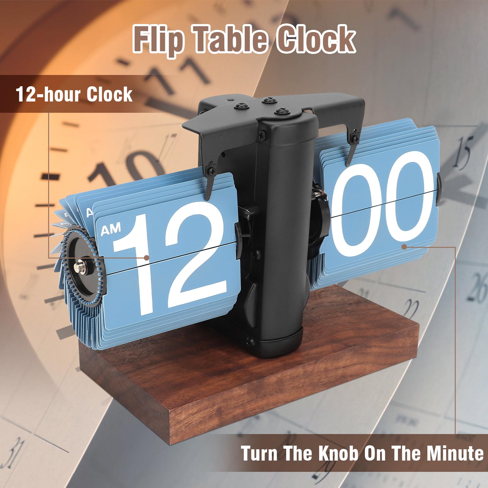 Zerone Flip Clock Vintage, Retro Clock Automatic Turning Battery Operated Mechanical Clock for Home, Office, Retro Restaurant Hotel Decoration (Blue)