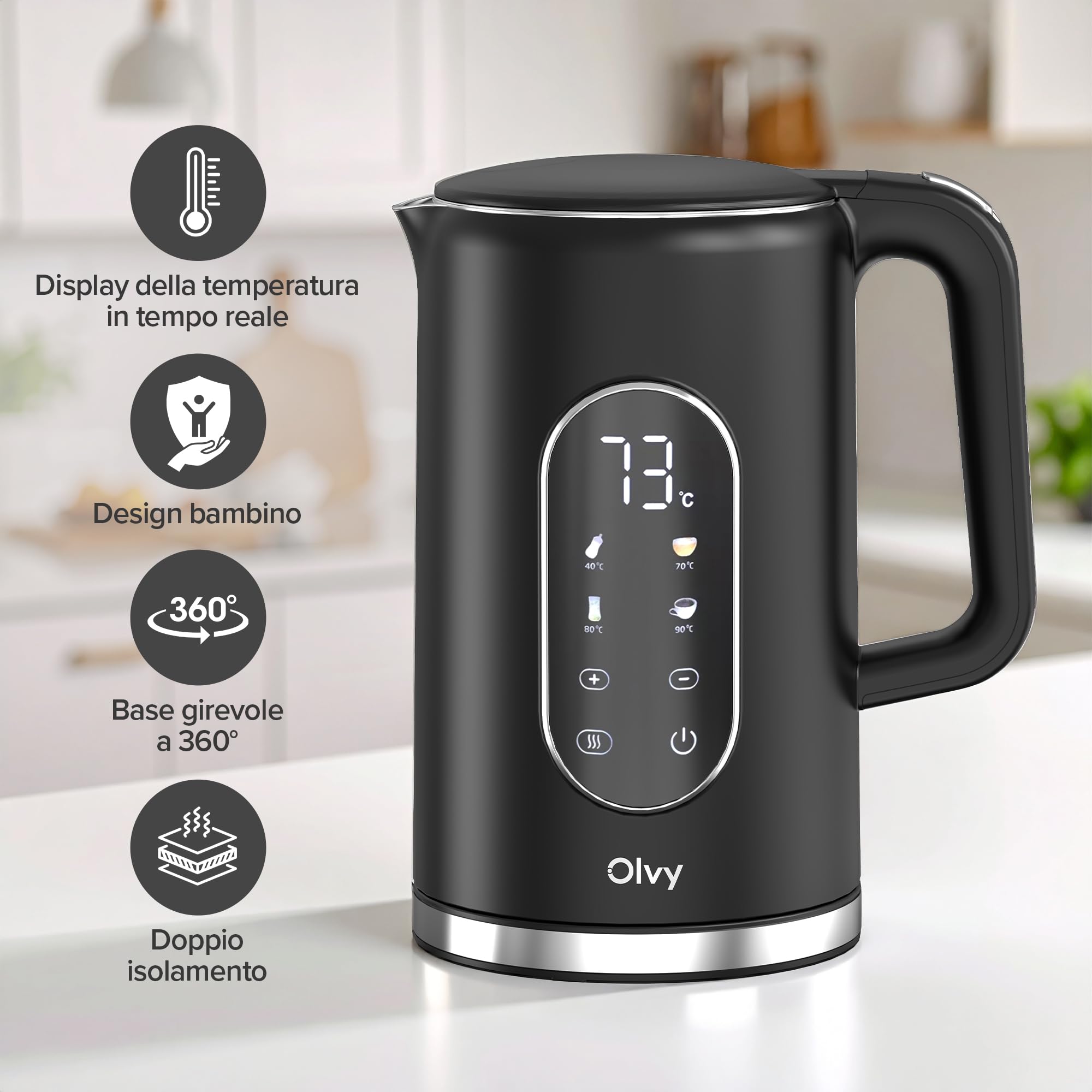 Olvy Bollitore elettrico da 1,7L senza fili, controllo della temperatura e funzione di mantenimento in caldo, doppia parete in acciaio inox Cool-Touch, filtro anticalcare – kettle elettrico 2200W