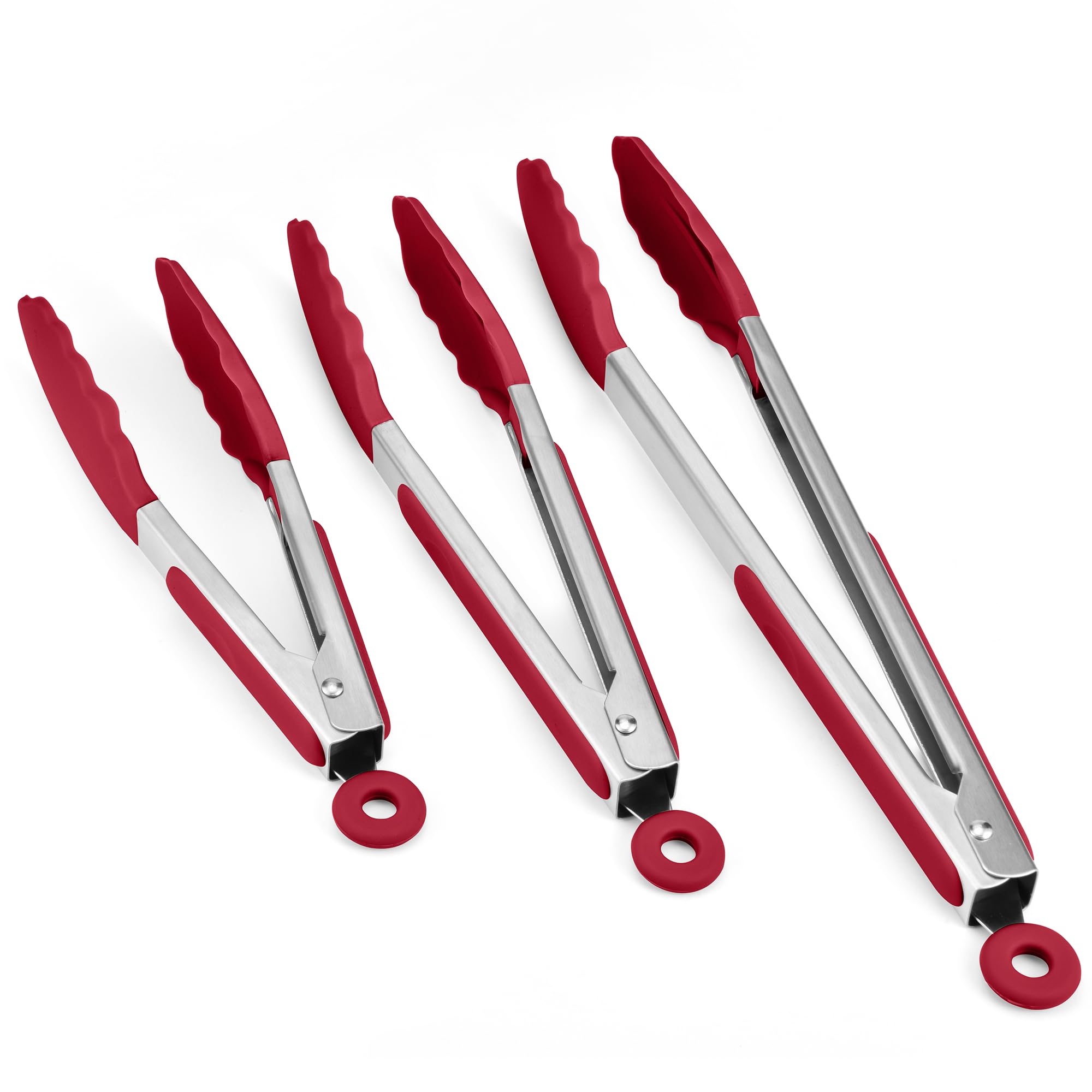 Doosu Kitchen Cooking Silicone Tongs，315℃ Heat Resistant Locking Tong with Non-Scratch Tipped, 18/8 Stainless Steel Heavy Duty Utensils for BBQ, Air Fryer, Serving Salad (18+23+30cm, Red)