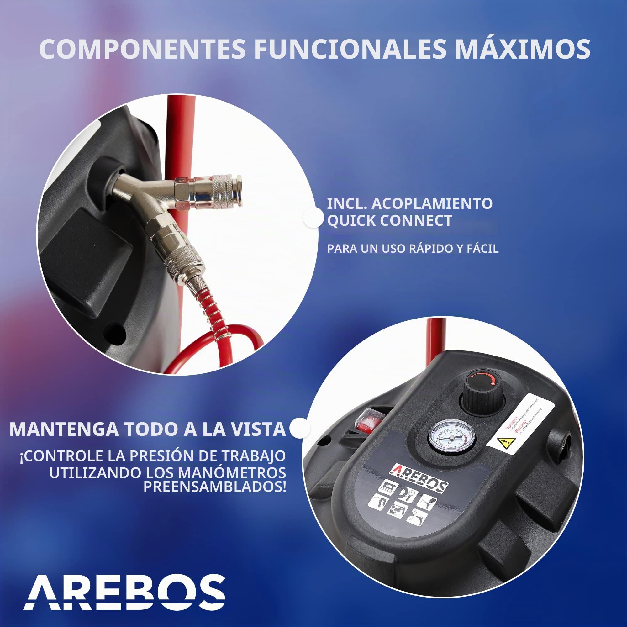 Arebos Compresor de aire comprimido | 30L | 1500W | con accesorios de 13 piezas | sin aceite| 240 L/min | Euroacoplamiento doble | 10bar | capacidad: 50 l, 30 l o 6 l
