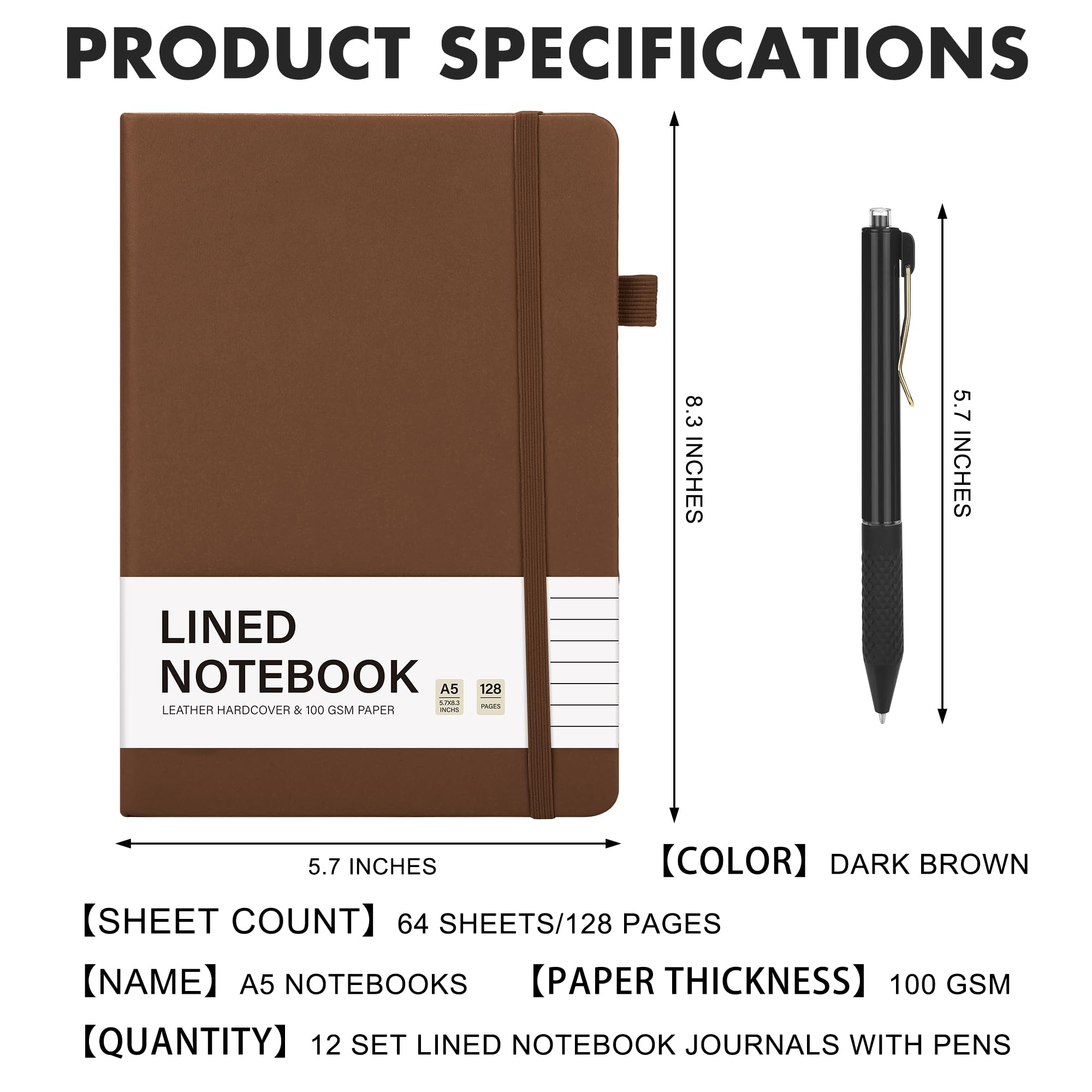 Aodaer Set di 12 quaderni a righe con penne, formato A5, 100 g/m², a righe, con copertina rigida, in pelle PU, con portapenne, per ufficio e scuola, 14 x 21 cm, marrone scuro