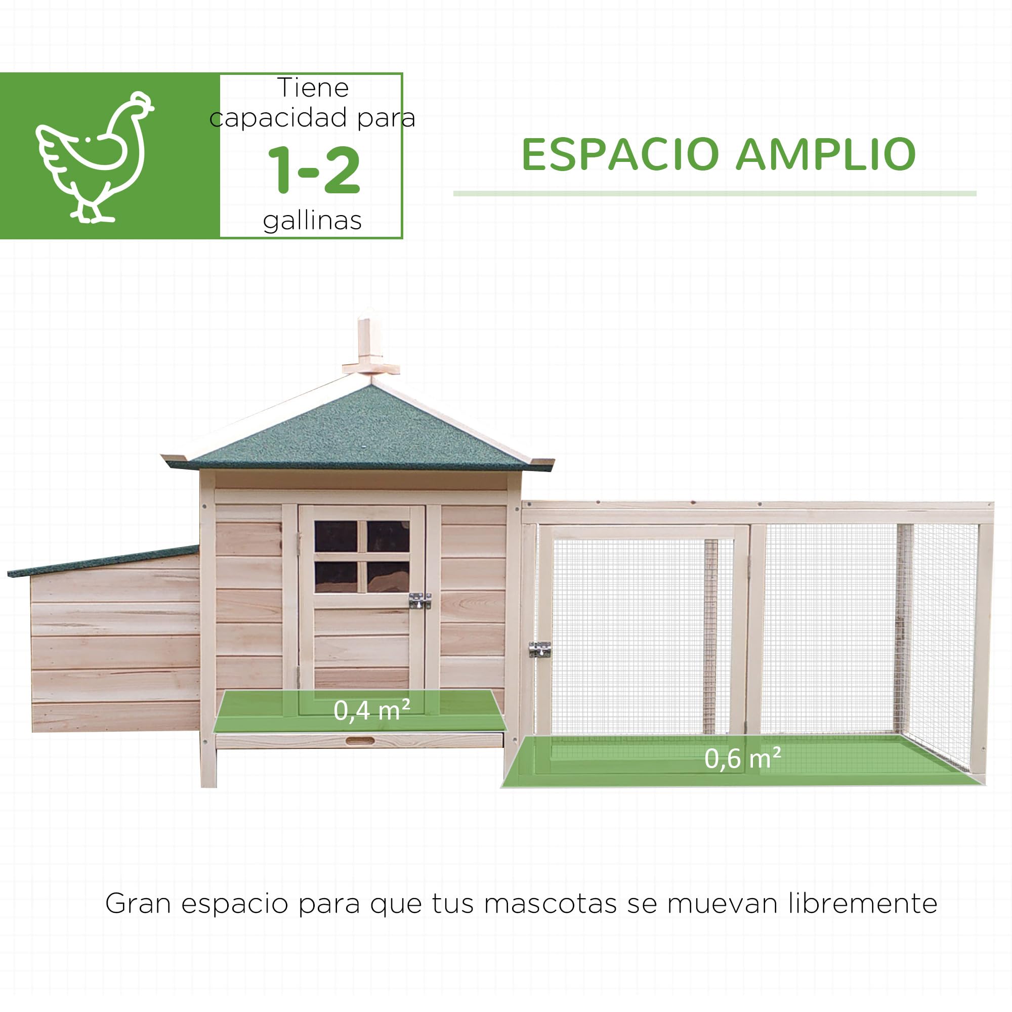 PawHut Gallinero de Madera de Pino para Exterior con Caja Nido 196x76x97 cm
