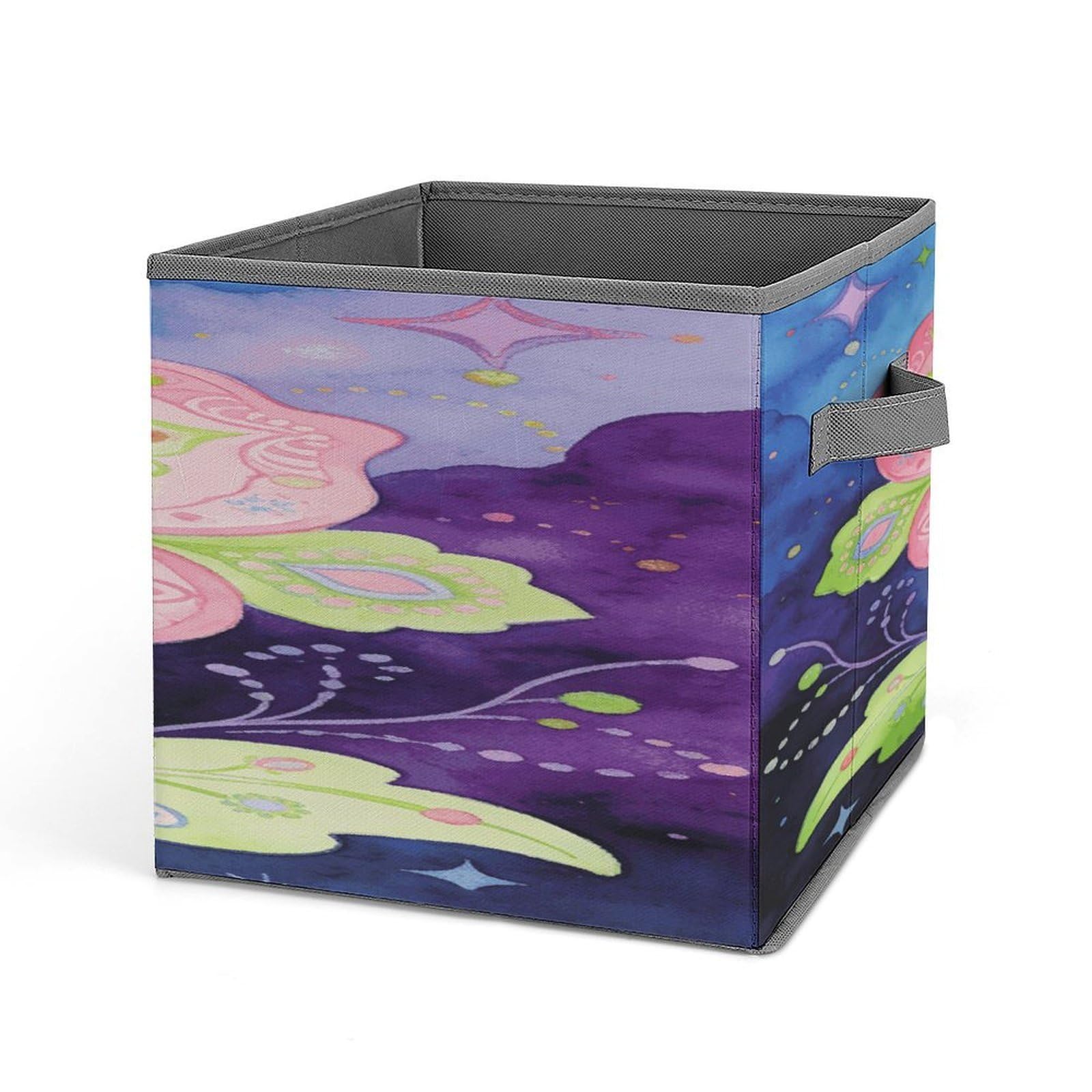 VstaDank Starry Night with Gorgeous Flowers Storage Bin Collapsible Storage Cubes Organizer Oxford Cloth Storage Box with Dual Handles Large Stackable Closet Storage Bins for Sheets Hat Sweater