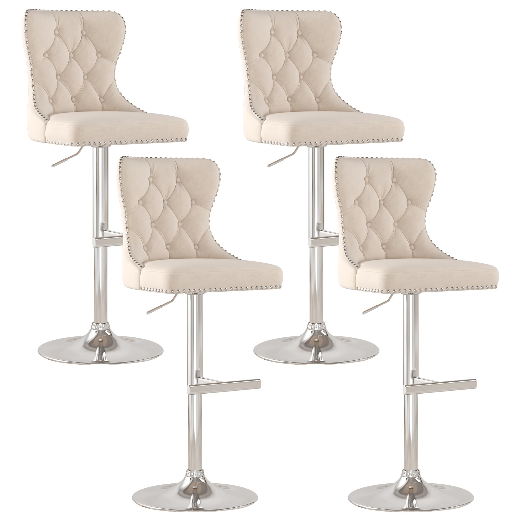 GOOLON Bar Stools Set of 4, Velvet Swivel Counter Height Stools with Tufted Back, Adjustable Seat with Nailheads Trim, Upholstered Bar Chairs with