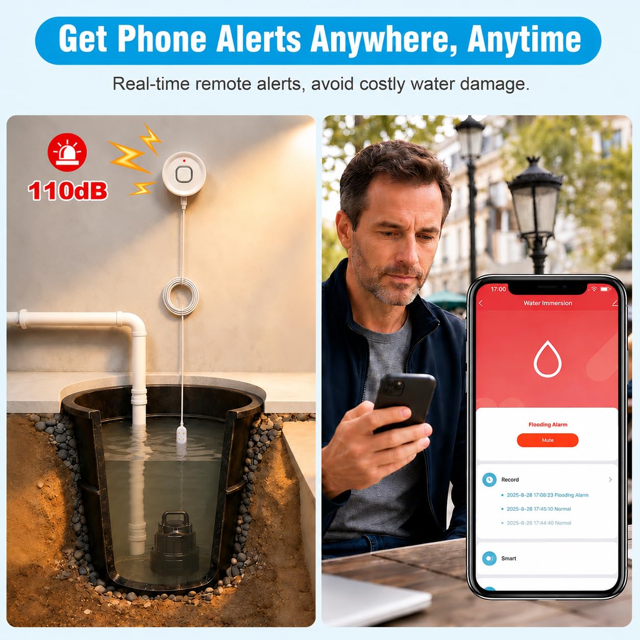 DAYTECH WLAN-Wasserleck-Detektor, 110 dB, Wasseralarm mit Telefonwarnungen und 2 m Detektorkabel, intelligenter Wasserstandssensor für Keller/Waschküche/Küche, 2er-Pack (nur 2,4 G WLAN)