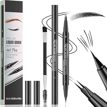 Eyebrow Pencil, 3D Microblading Eyebrow Pen, Dual-ended Magical Brow Pen with 2 Micro-Fork-Tip & Spoolie Brush, Long-lasting Waterproof Eye Brow Pencils for Natural Looking Brows Makeup Black