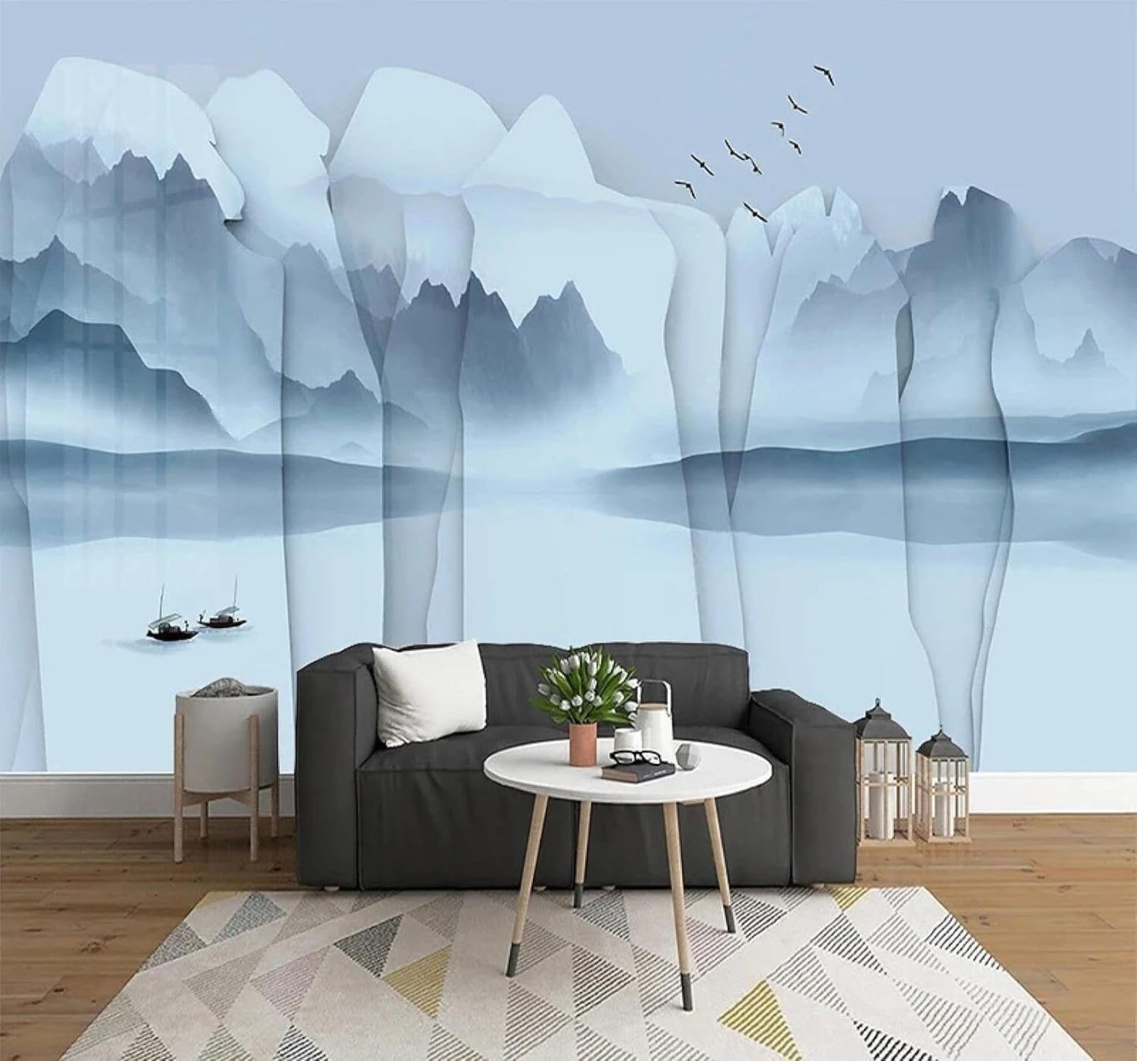 XLMING 3D Tapeten Abstrakt Tuschezeichnung Nebel Berge Vögel Landschaft