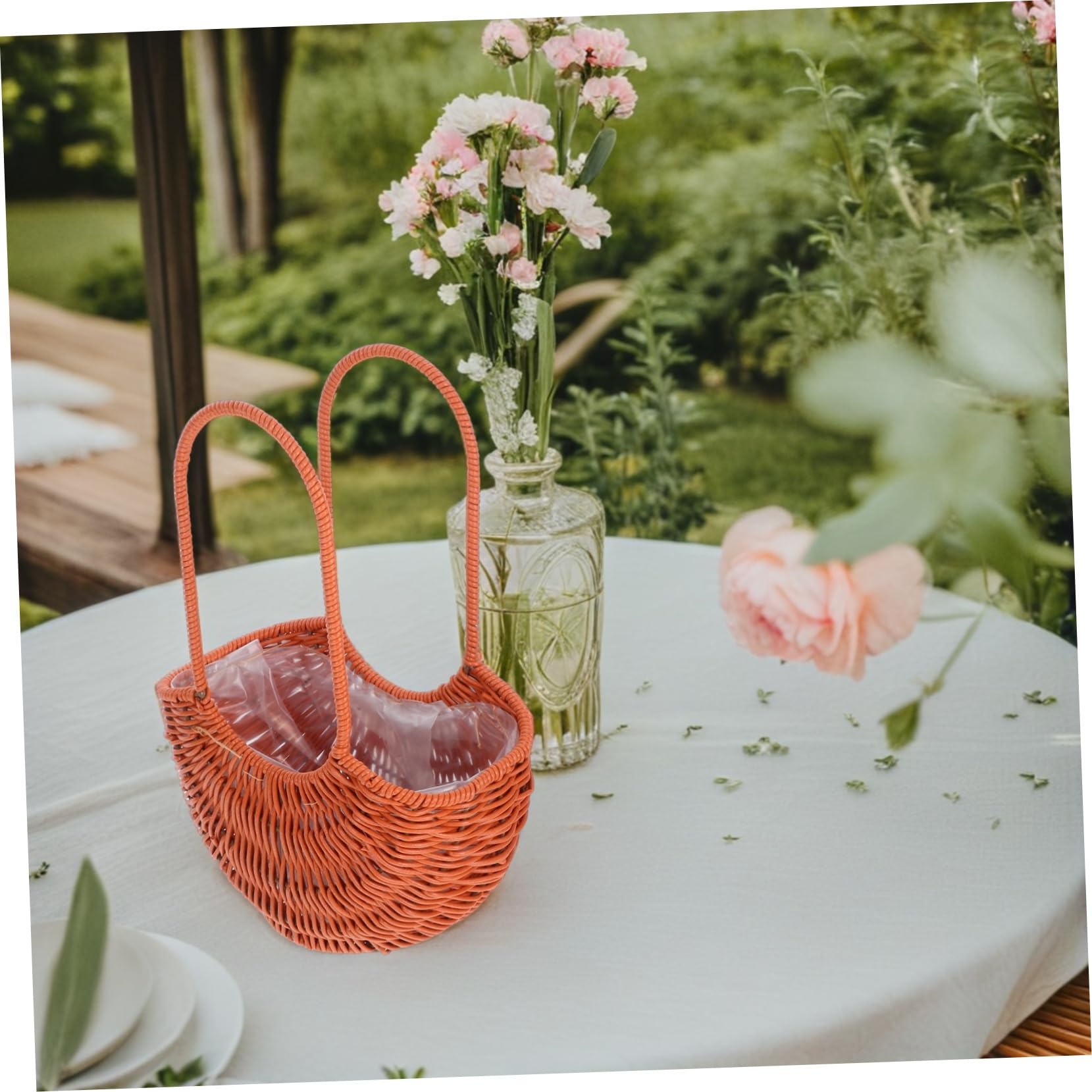 Cesta de Flores de Ratán Sintético Pequeña, con Asa y Forro