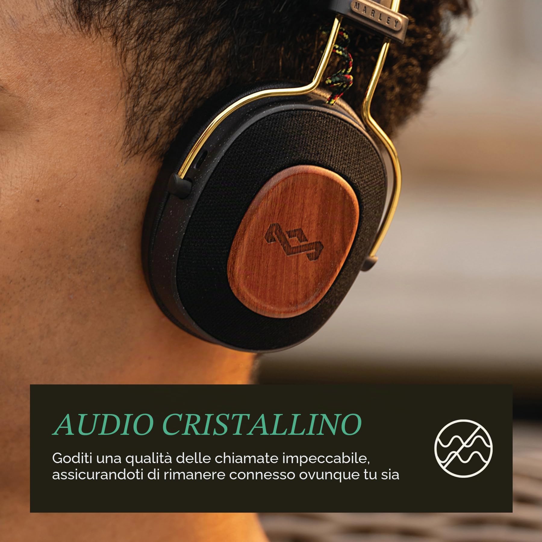 Marley House of Positive Vibration Riddim Cuffie On-Ear Wireless - Cuffie Bluetooth Pieghevoli, 50 Ore di Autonomia, con Microfono, Ricarica rapida USB-C, Materiali Sostenibili, Rasta