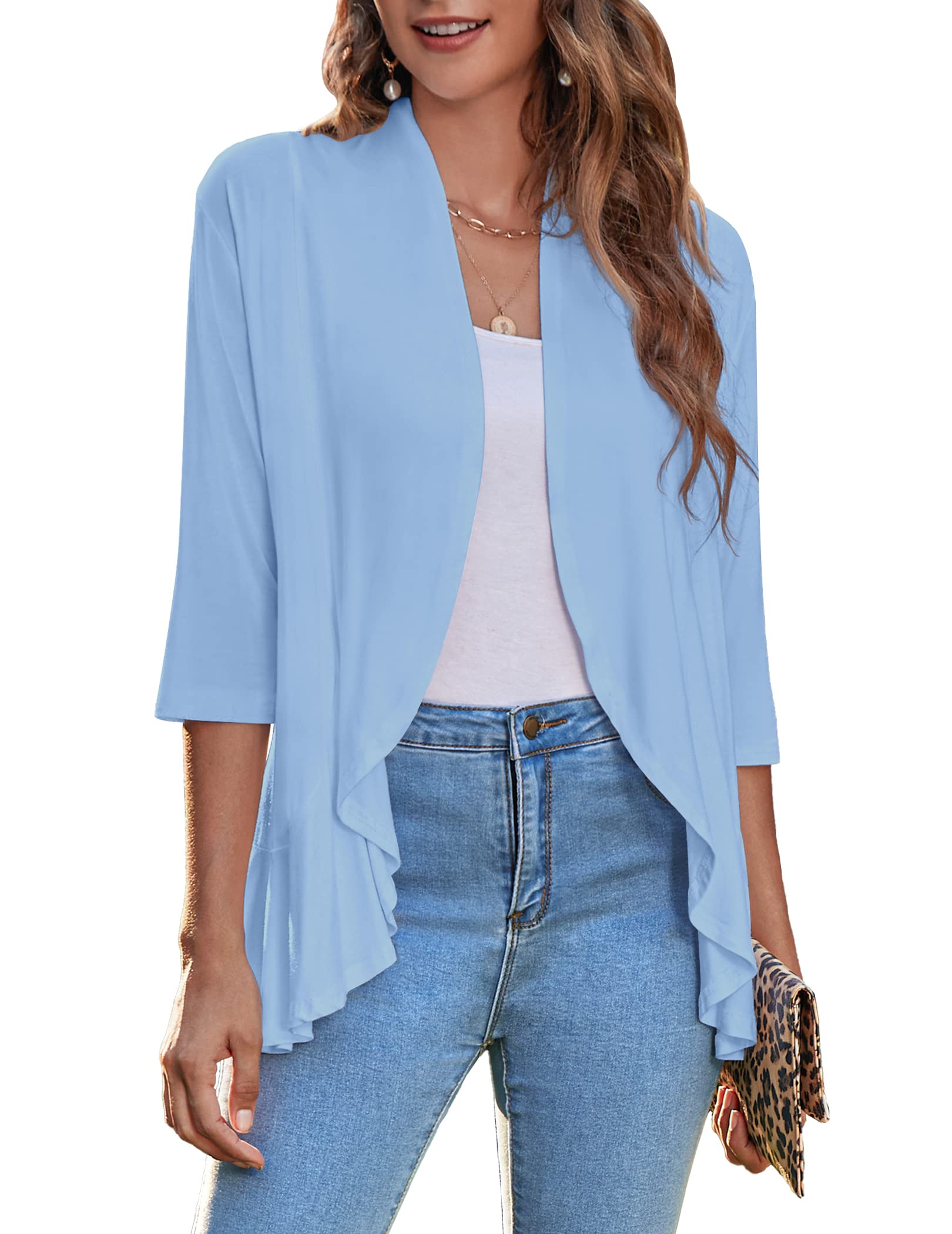 Zeagoo Women's Open Front Cardigan 2026 Spring Summer Lightweight 3/4 Sleeve Draped Ruffles Cardigans S-3XL