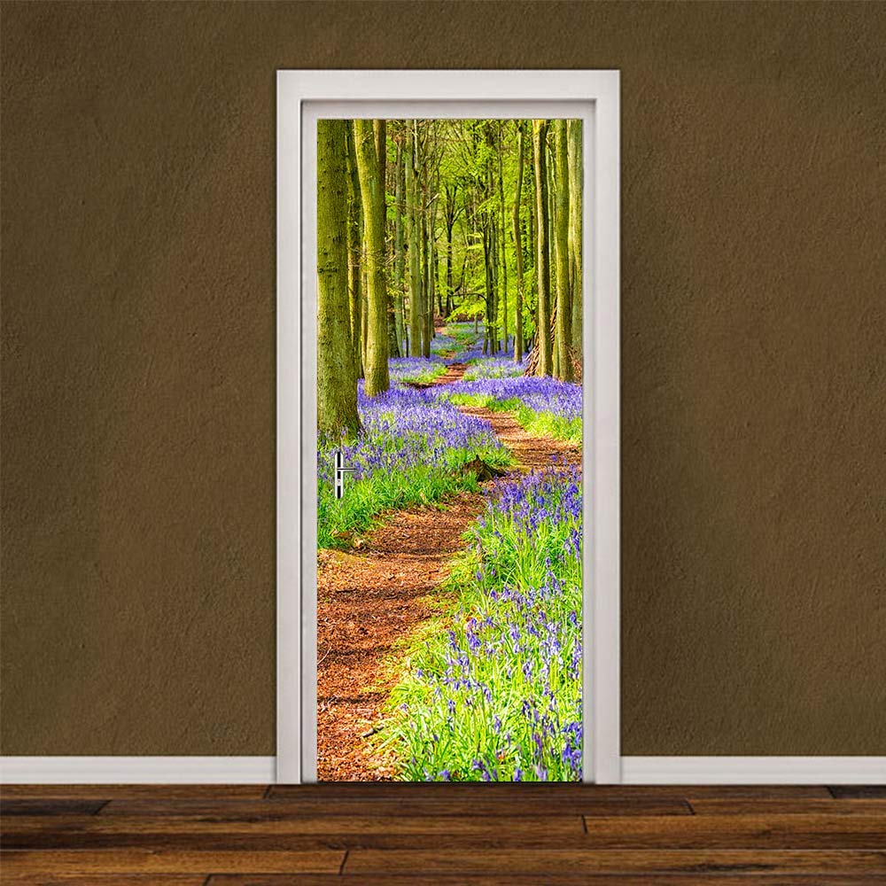 Sticker de porte trompe l'œil bois et fleurs pour transformer votre salon en un écrin de nature