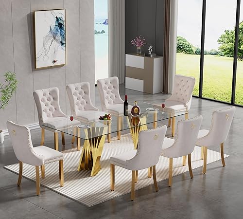 Miniatura 13 de SSLine Moderno juego de mesa de comedor de cristal de 7 piezas para 6 mesas de cocina y sillas de cristal dorado de lujo para 6 elegantes mesas de