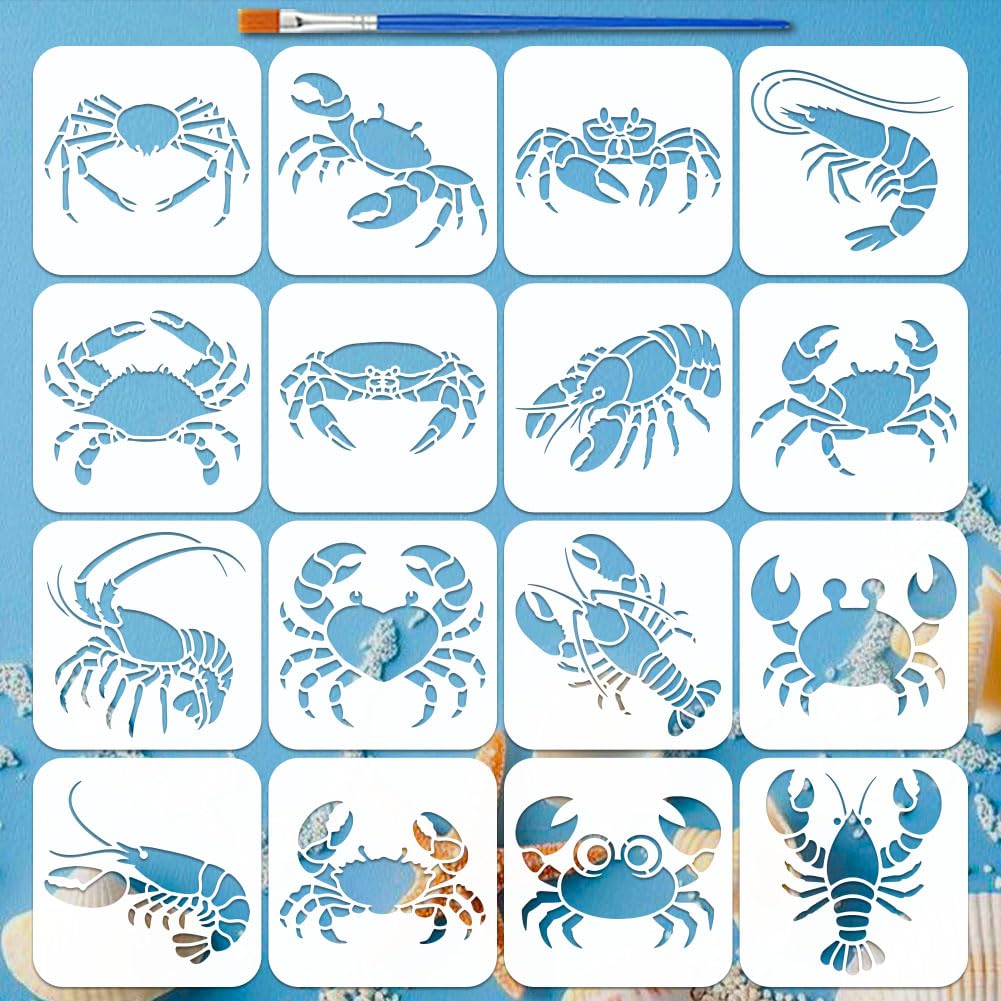 FINGERINSPIRE 16PCS Crabs Painting Stencils with Paint Brush 15x15cm Reusable Lobster Pattern Stencils Ocean Animals Tempplate for Painting on Wood Wall Fabric Furniture DIY Home Decoration