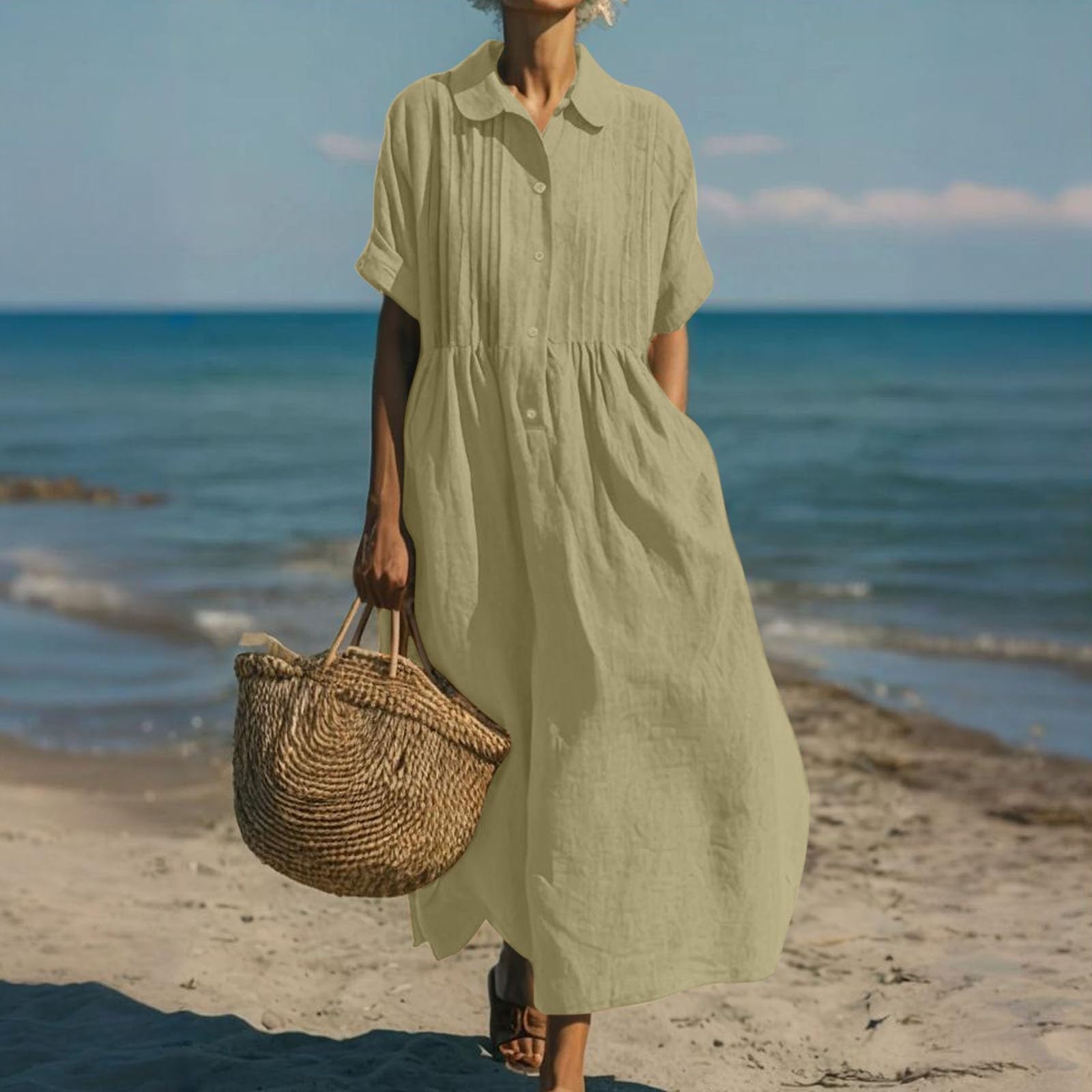Générique Robe Femme Coton Lin Robes Décontracté avec des Boutons Manches Courtes Robes Ete Grande Taille Couleur Unie Robe Chemise Chic Et Elegant Robes Longue De Plage Bohême Midi Dress Vacances