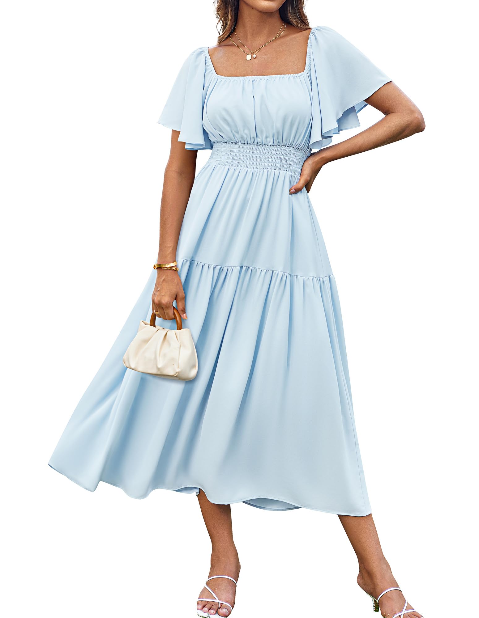 GRACE KARIN Robe longue d'été à manches courtes et col carré pour femme - Taille smockée - Décontractée - Vacances