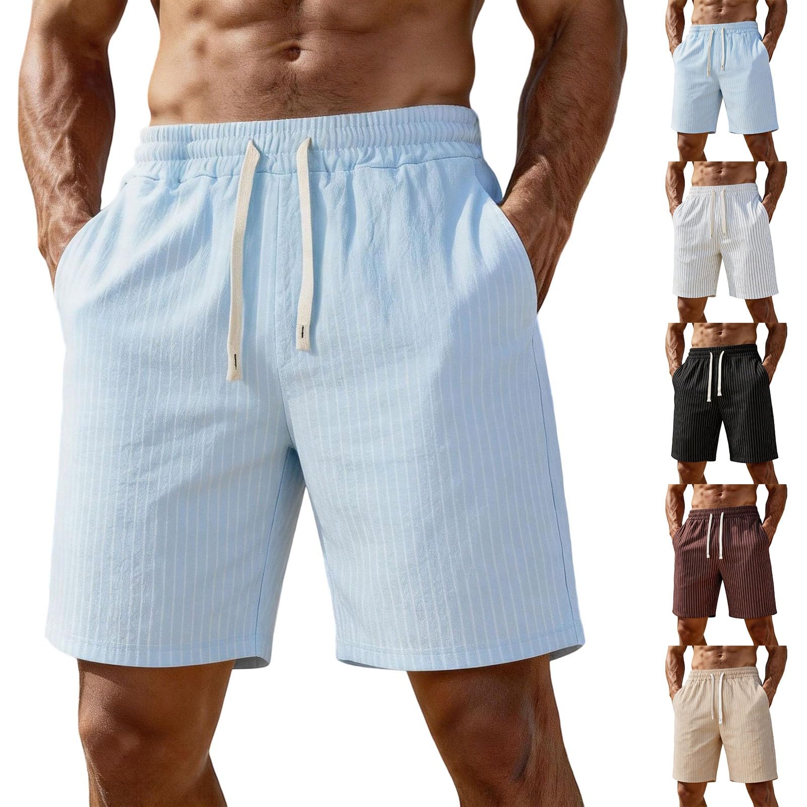 Short en lin pour homme - Rayures légères - Pantalon court en lin élastique