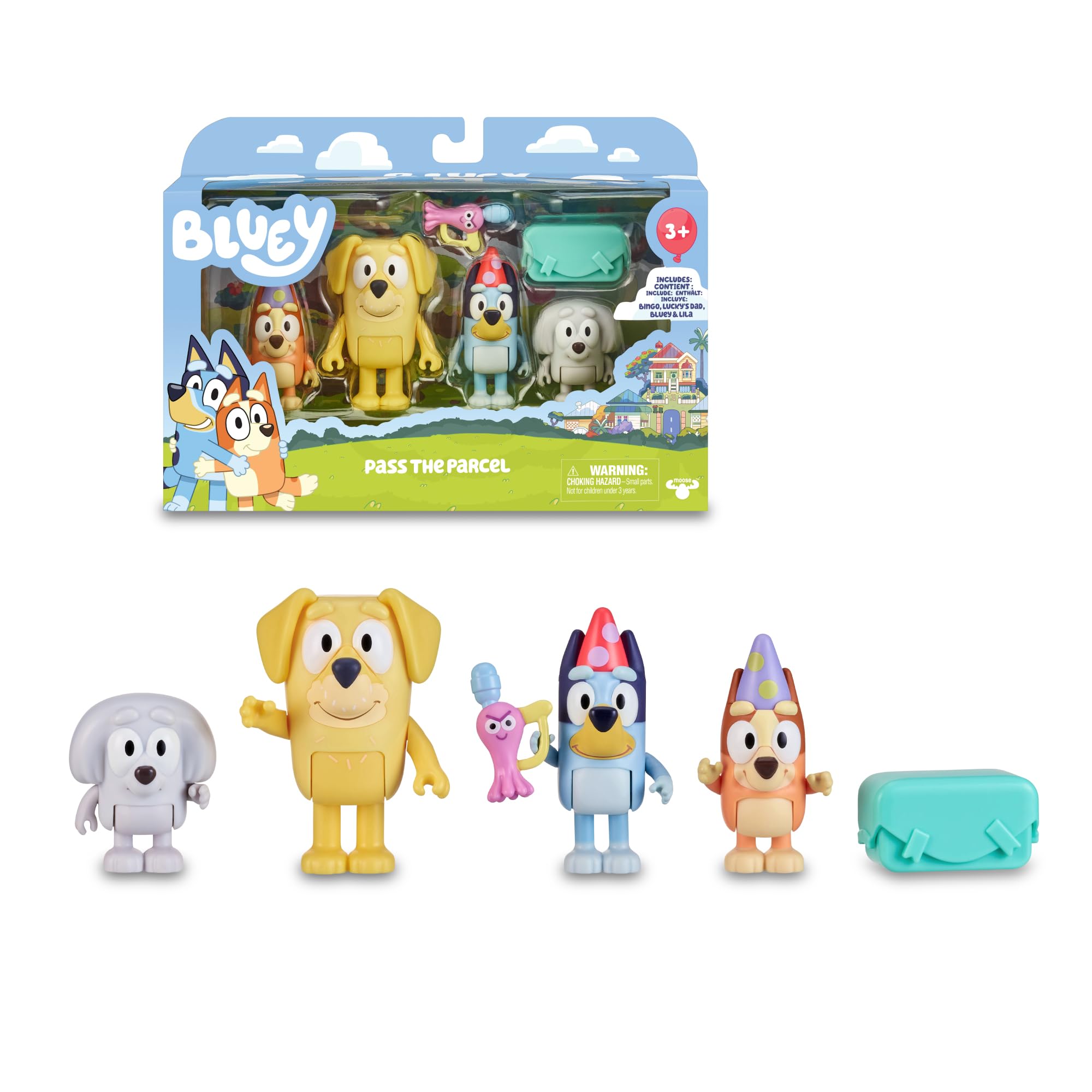 Bluey - Confezione da 4 figure di compleanno, figure articolate nuovi Amici pronti per il compleanno, bambole della serie per bambini, famose (BLY63200)