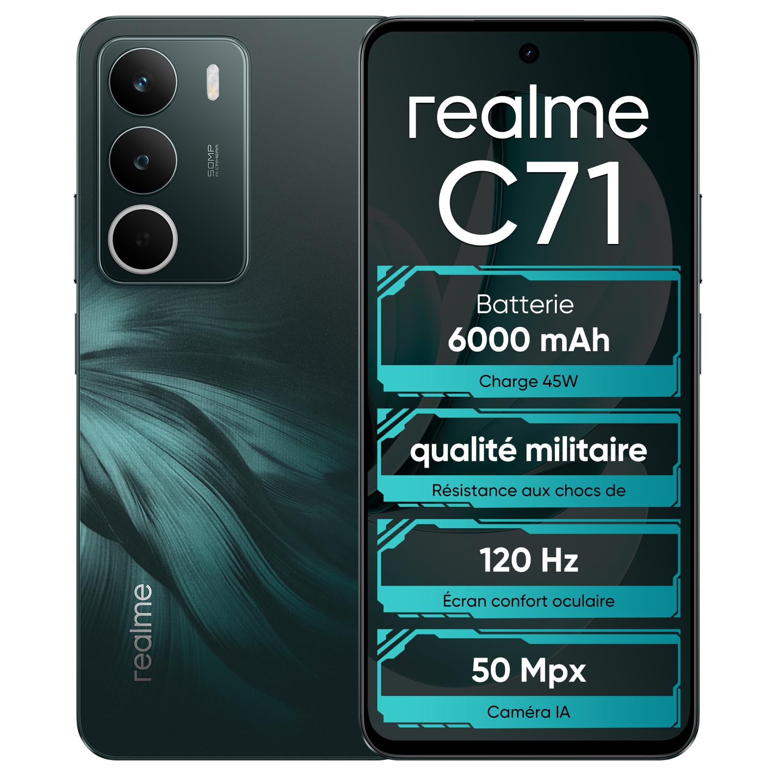 Realme C71 Téléphone Portable,Batterie De 6000mAh,120Hz 6.67" Écran,8GB+256GB Smartphone,50MP Appareil Photo,Dual SIM Android 15,UNISOC T7250,NFC IP54, Blanc
