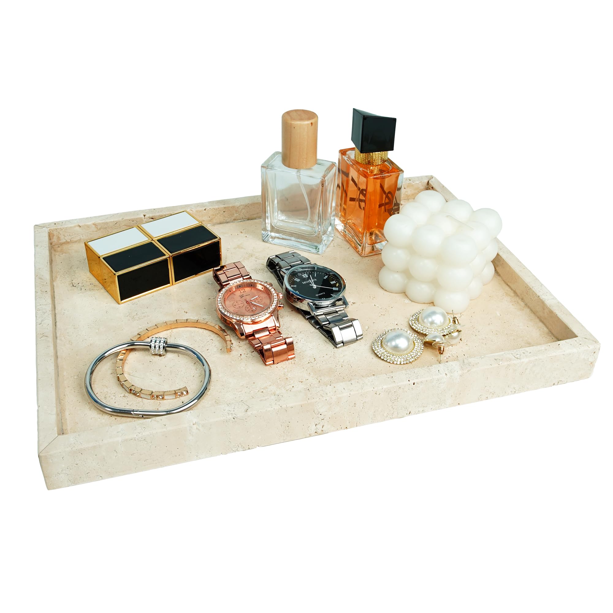 N NANSHOP Natural Marble Travertine Vanity Tray, 10 x 8.6 inch Stone Decorative Tray for Bathroom, Kitchen, Dresser, Coffee Table, Home Decor, Beige Travertine(NS004)