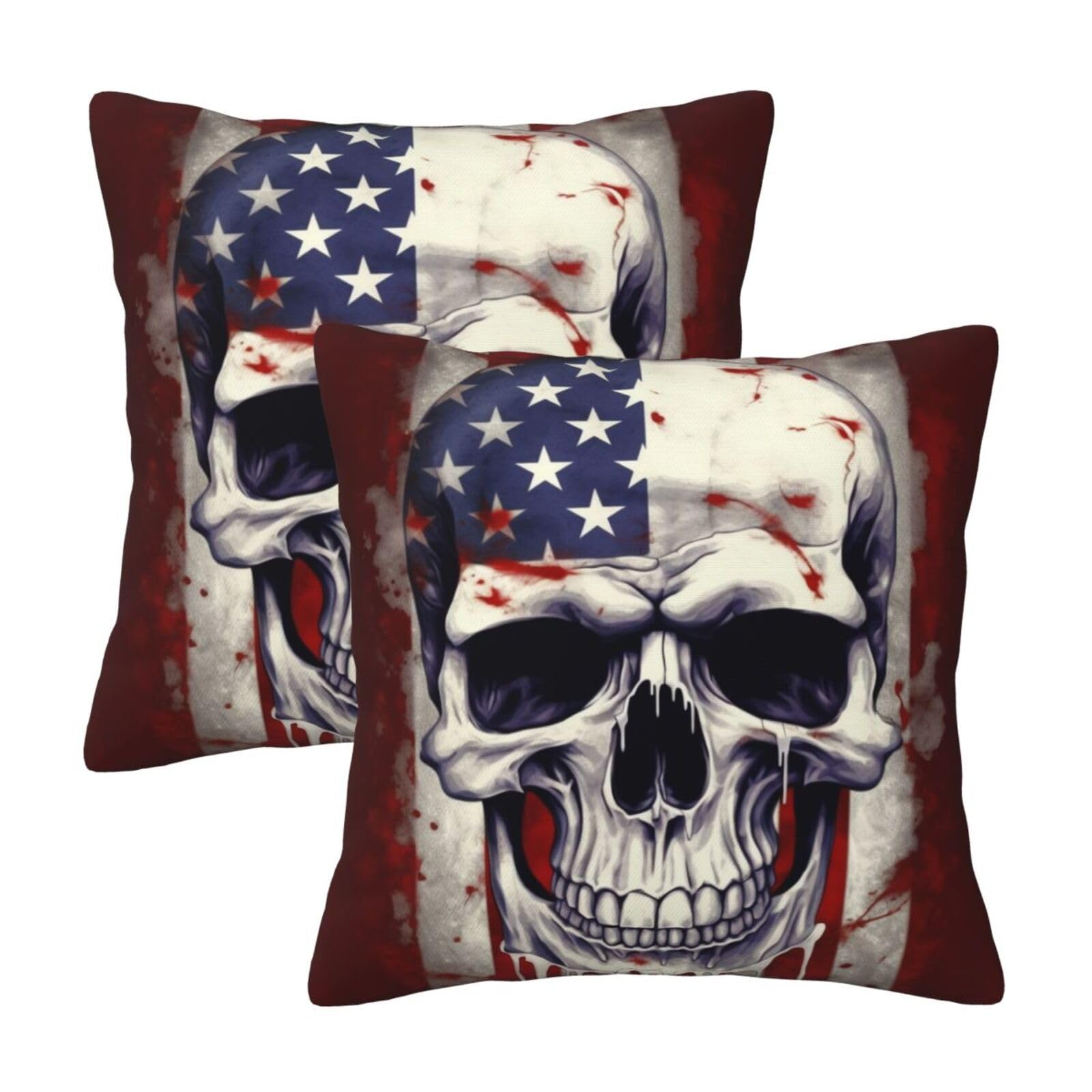 American Flag Skull Throw Pillow Cases 2 Pack Square Pillowcases Soft Pillow Protectors for Couch Livingroom Sofa Bed Office Car,30x30 CM