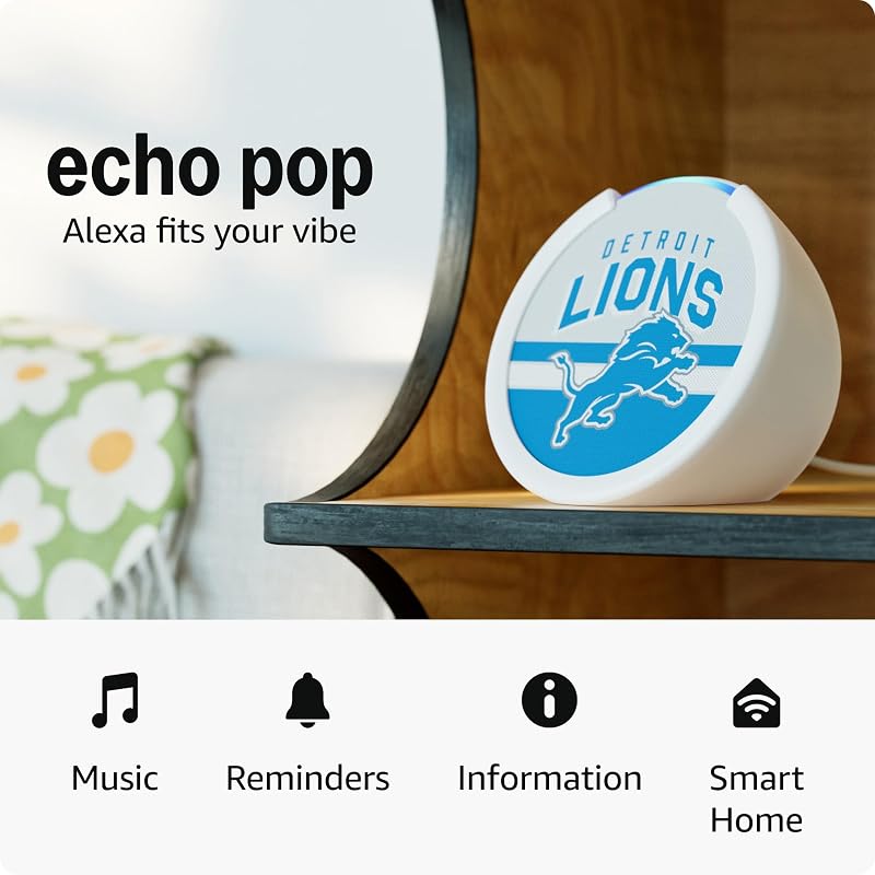 Amazon Echo Pop (modelo más nuevo) | Edición limitada de la NFL con licencia oficial | Detroit Lions (diseño de la temporada '25-26)