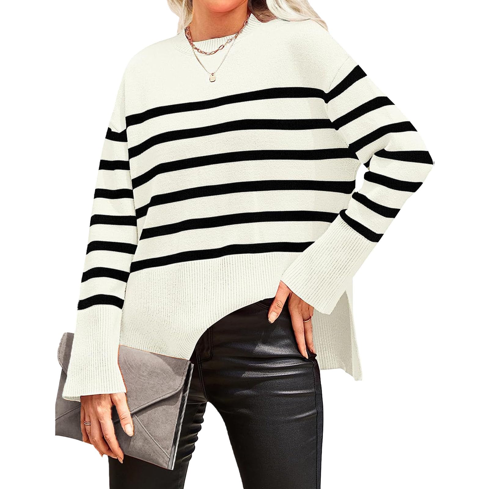 Womens Striped Knit Oversized Sweater Crewneck Side Split Long Sleeve Fall Winter Trendy Tops 2025