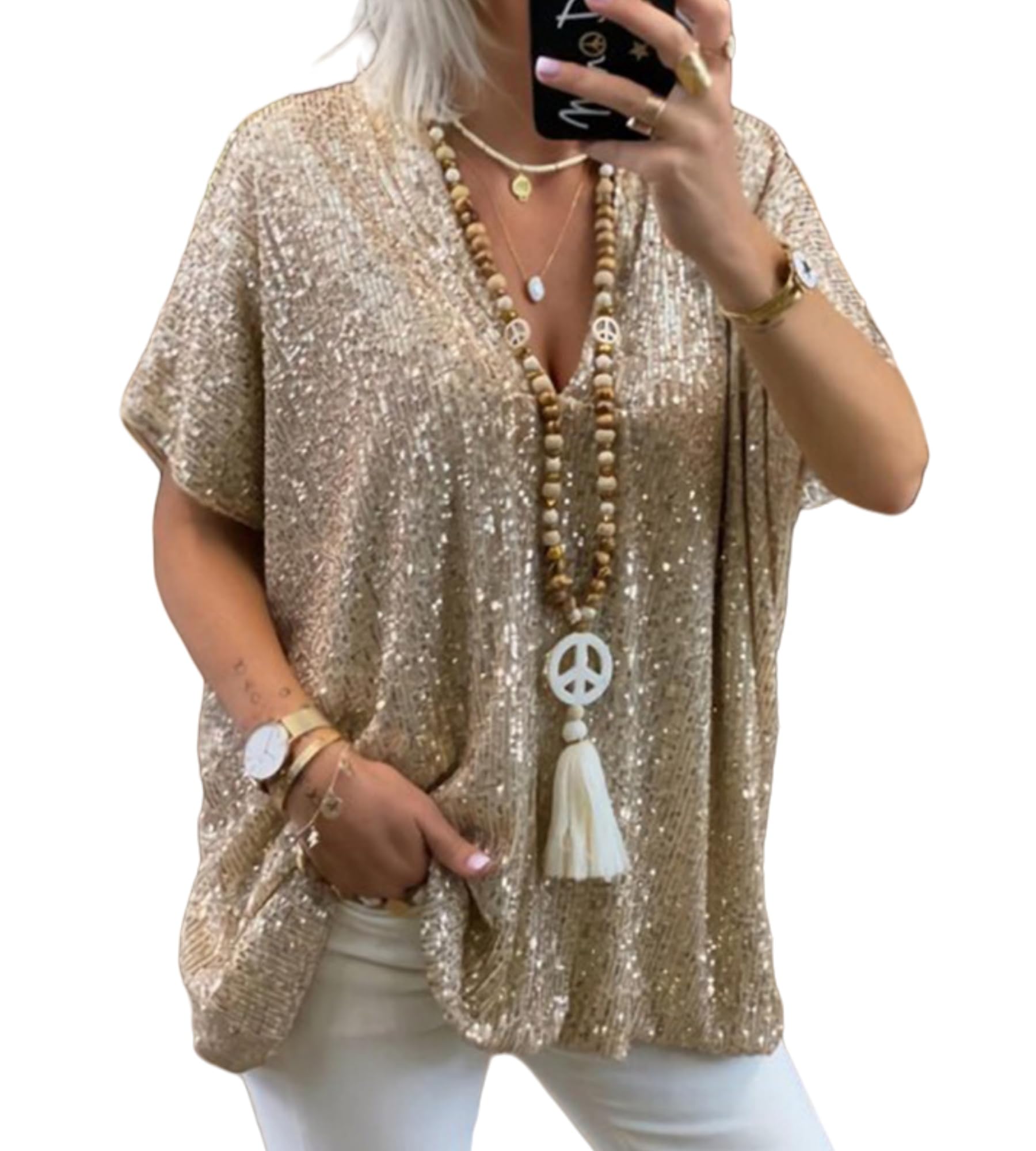 Chemisier à paillettes pour femme avec col en V étincelant et manches courtes