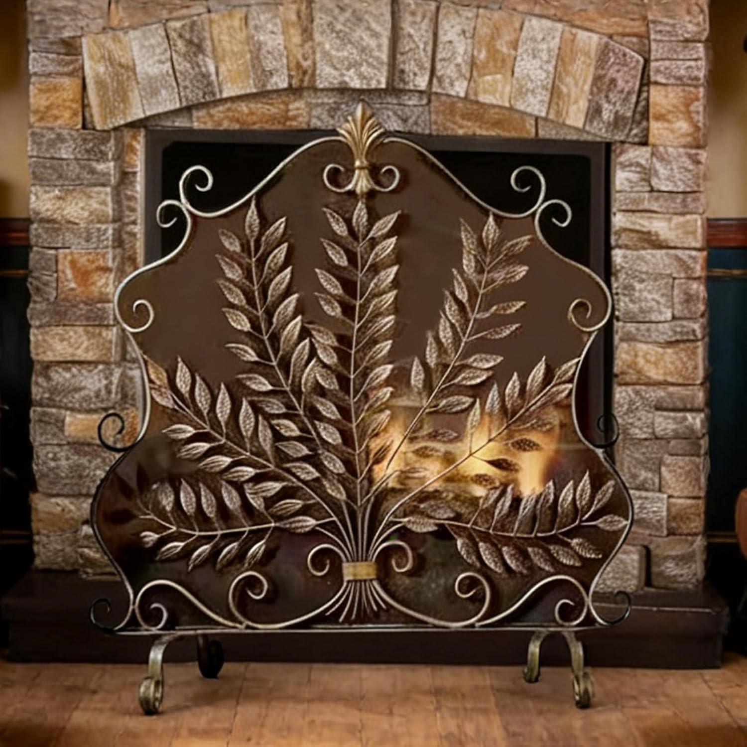 JNTFNE Single Panel Fireplace Screen With Leaf Pattern, Wrought Iron Fire Spark | for Wood Burning Stove, Antique Gold Fireguard with Vintage Indoor Outdoor Sp
