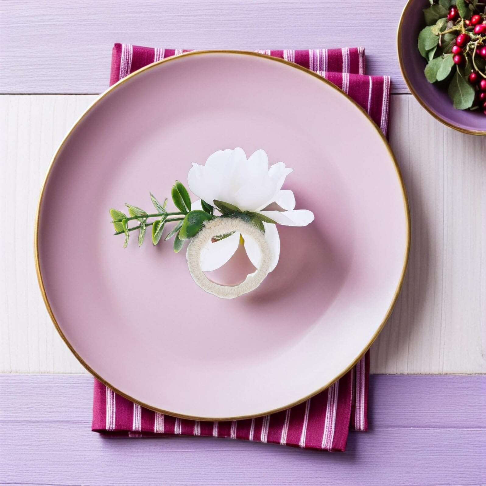 Veemoon 12 Servilleteros con Flores Artificiales y Hojas Verdes Anillos Rústicos Decorativos para Bodas Fiestas y Cenas Navideñas Accesorios para Mesas de Comedor Estilo Campestre 12