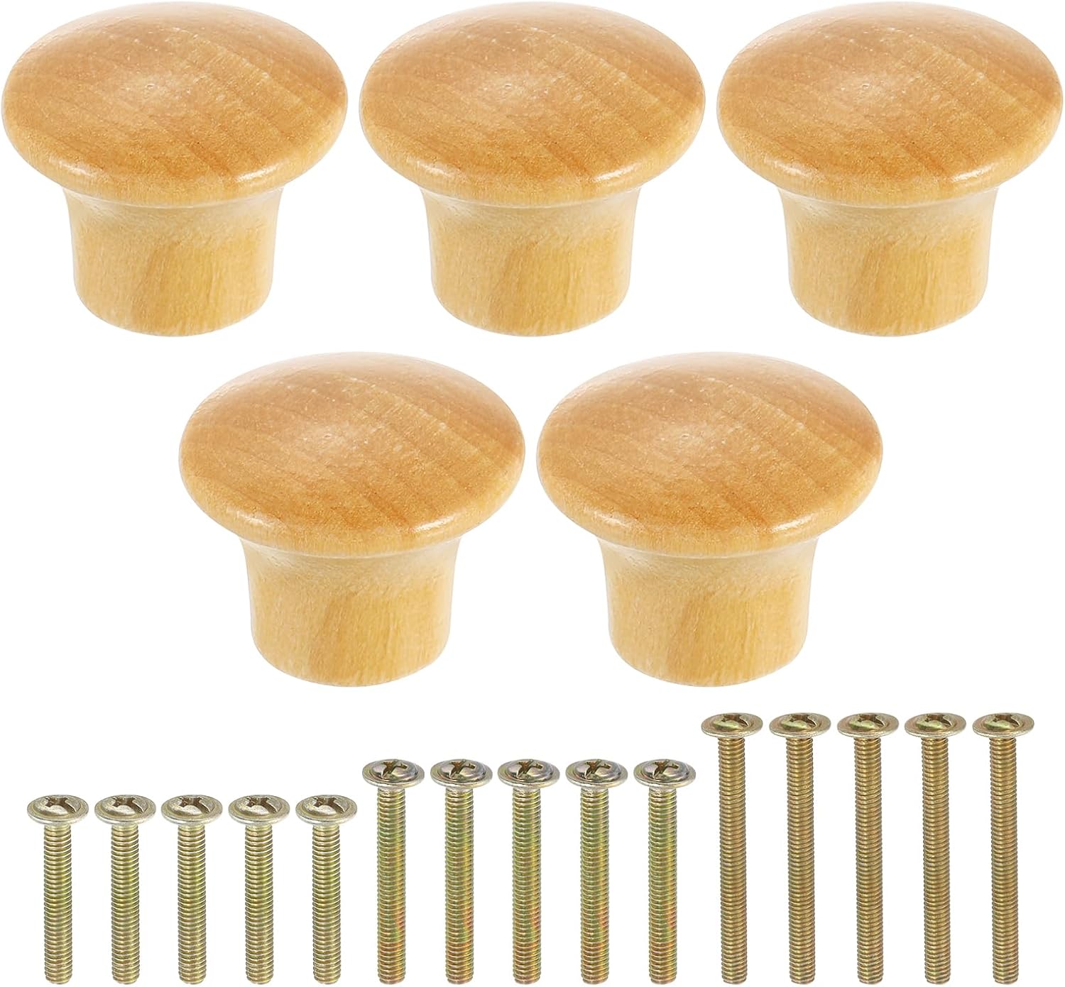 uxcell 5Pcs Round Wood Drawer Knob, 0.91" x 0.71" Round Cabinet Knobs Mushroom Shape Paint Surface Wooden Knobs with Screws for Furniture Drawer Dresser Wardrobe Cupboard, Wood Color