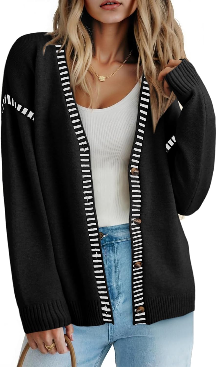 Dokotoo Womens Oversized Cardigan Sweaters Casual Coats Long Sleeve Button Front Stripes Trim Fall Outfits