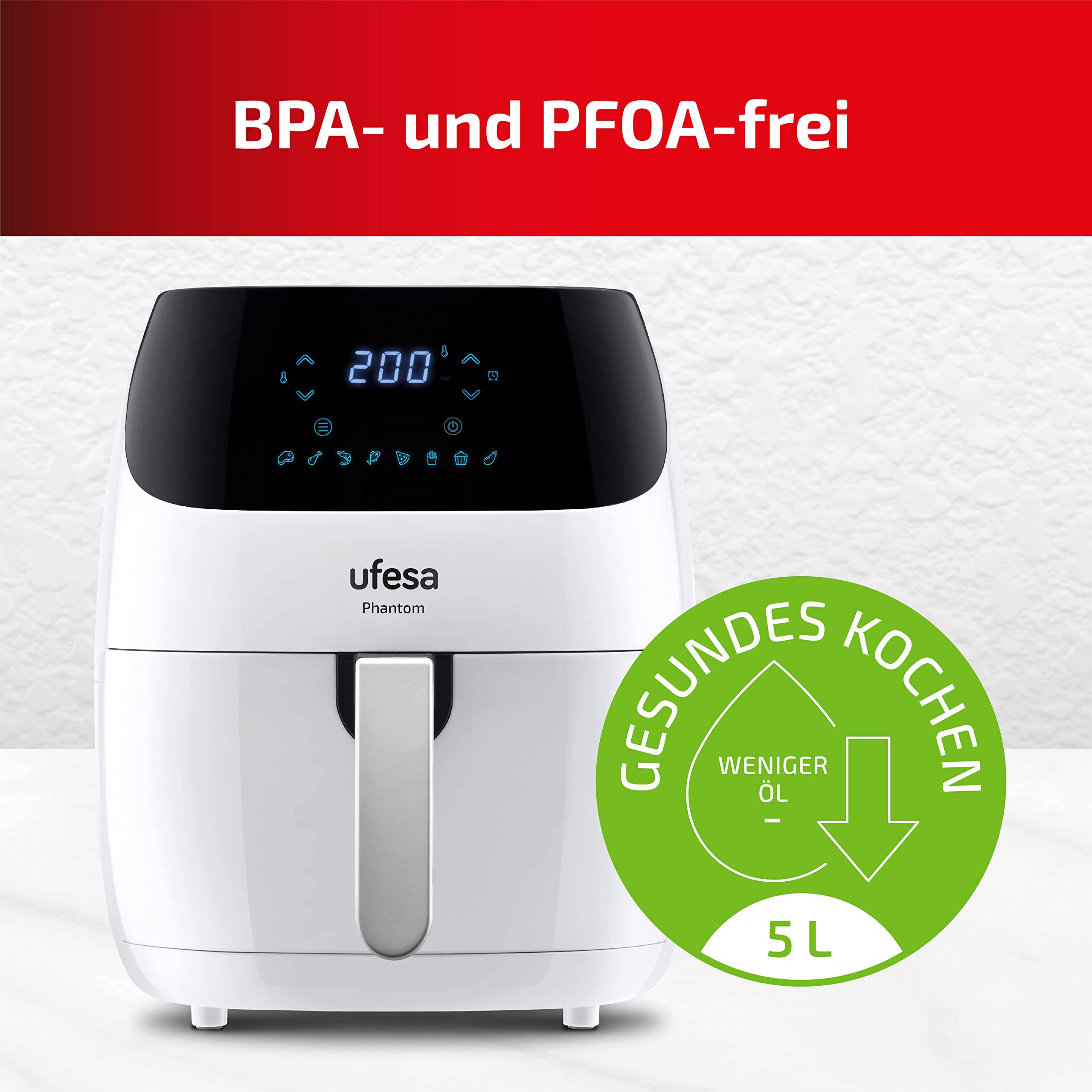 Ufesa AF5100 White Phantom Friteuse Heißluftfritteuse Weiß mit WLAN, 5 L, Digitale Touch-Steuerung, 8 Programme, 1500 W, APP mit Rezept, Temperatur und Zeit einstellbar, Amazon-Exklusiv