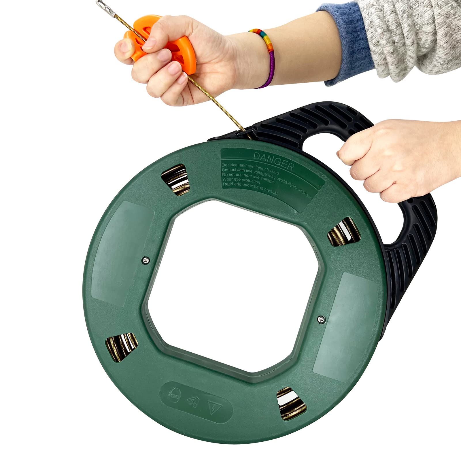 100ft Fish Tape Reel 6 Cores Spring Fishtape in Winding Case Multi-Groove Fish Tape and Pulls for Electric or Communication Wire Puller