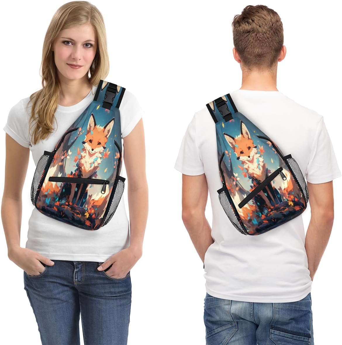 Colorful Fox Flower Tree Sling Backpack for Women Men Waterproof Antitheft Chest Bag Lightweight Travel Crossbody Shoulder Bag for Shopping Outdoor Leisure Sports