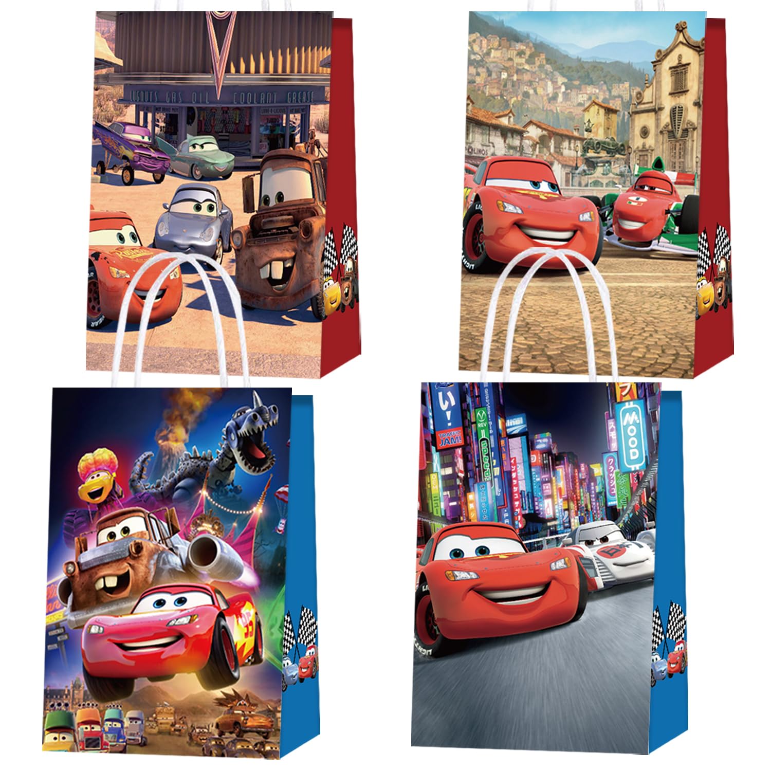 MSJEHQI Lightning Cars Party Supplies, Party Favor Goodie Gift Bags, Including 4 Patterns Double Sided Printed Ideal for Kid Birthday Party Decorations (16 PCS)