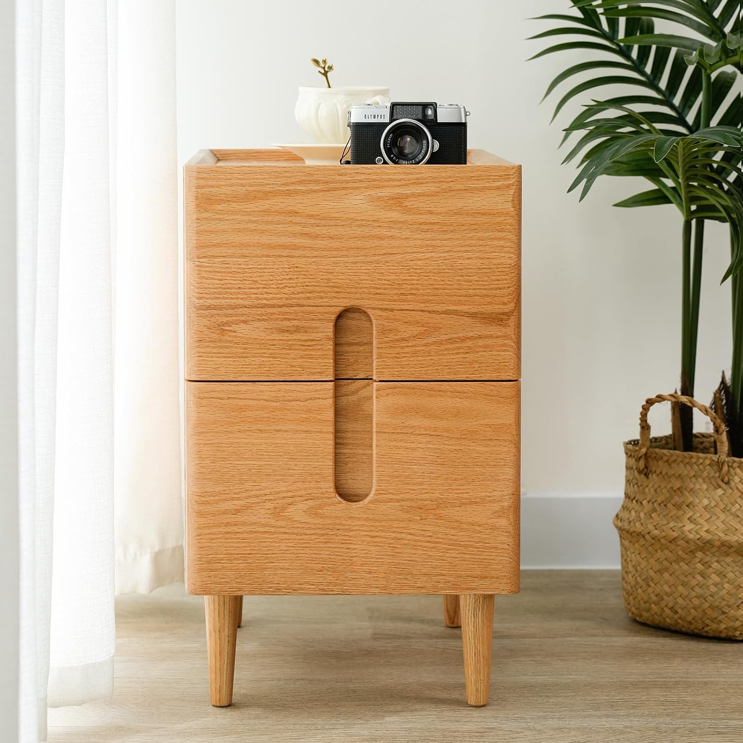 Narrow Nightstand, Mid Century Modern Nightstand, Solid Wood Bedside Table, Side Table witn Drawers (Natural, 11.81inches) image 3