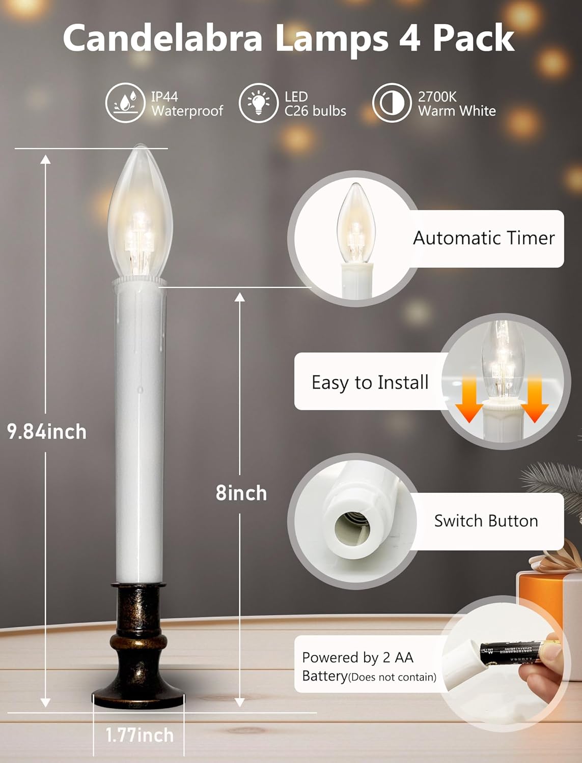 4 Pack Christmas Window Candles Battery Operated with Timer Suction Cup, Flameless LED Christmas Candles Lights with C26 3V Ultra-Bright LED Bulbs for Indoor Dining Table Mantels Xmas Decor