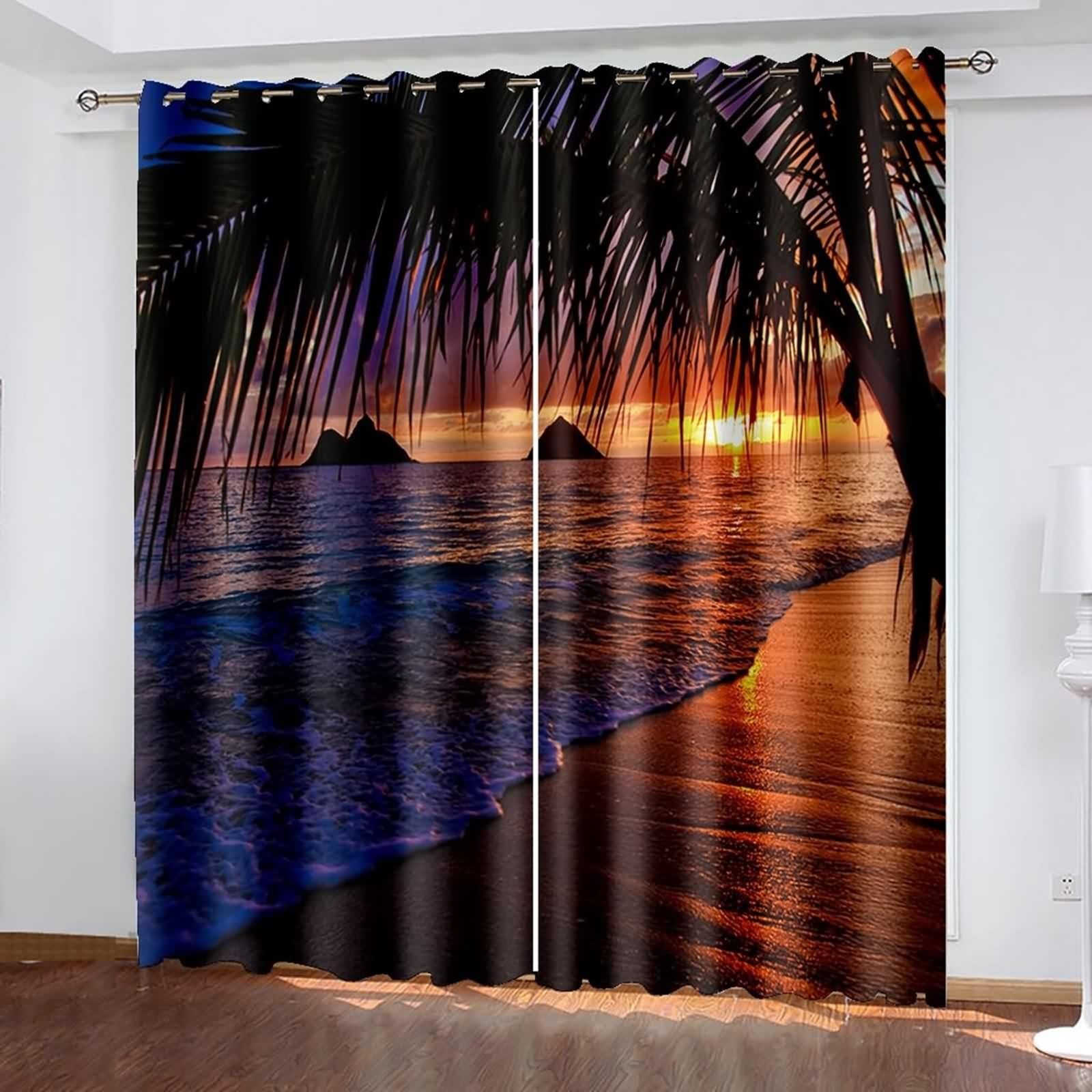 Rideau Fenetre Chambre, Rideau Cuisine Bleu Violet Marron Polyester Paysage de Coucher de Soleil sur La Plage 234L x 214H CM Lot de 2