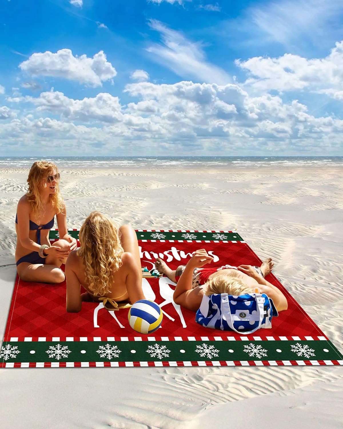 Merry Christmas White Reindeer Tartan Plaid Beach Blanket Waterproof Sandproof Outdoor Picnic Mat 118"x108" Snowflake Border Lightweight Large Beaach Blankets with 4 Stake & 4 Corner Pockets