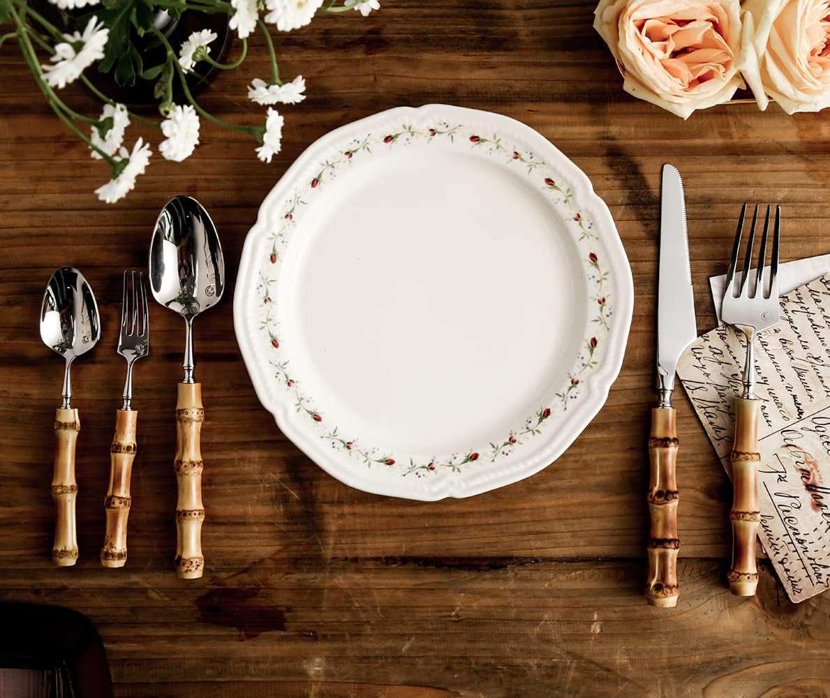 Bamboo Silverware Set for 10 , Natural Flatware Cutlery Set Tableware Utensil Set Knives Forks Spoons, Dinnerware Sets for Christmas Party Kitchen Wedding Gifts 50-piece