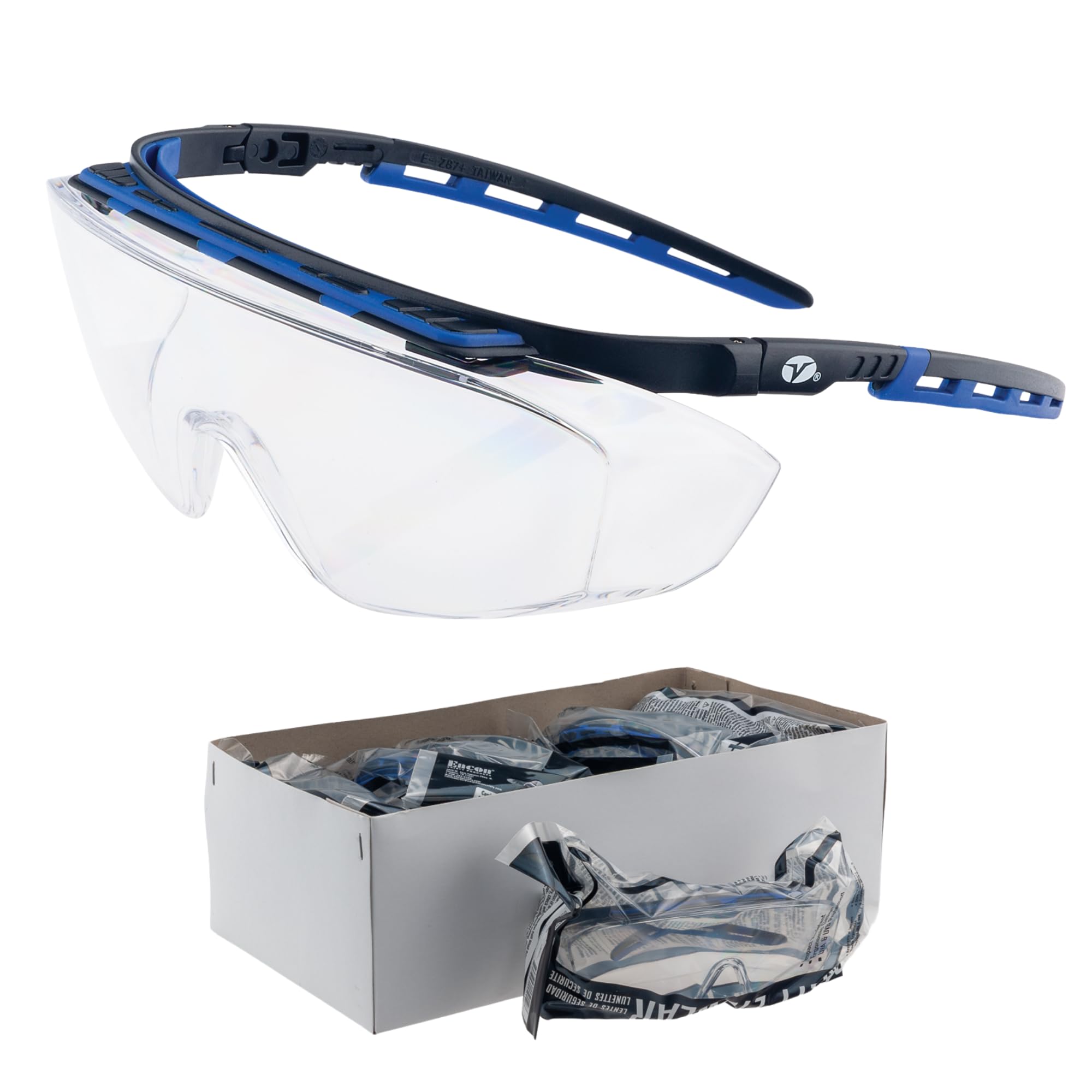 Veratti OTG Safety Glasses over Prescription Eyeglasses, 12 Pack, Clear Anti-Fog Lens, ANSI Z87.1, Blue/Black Frame