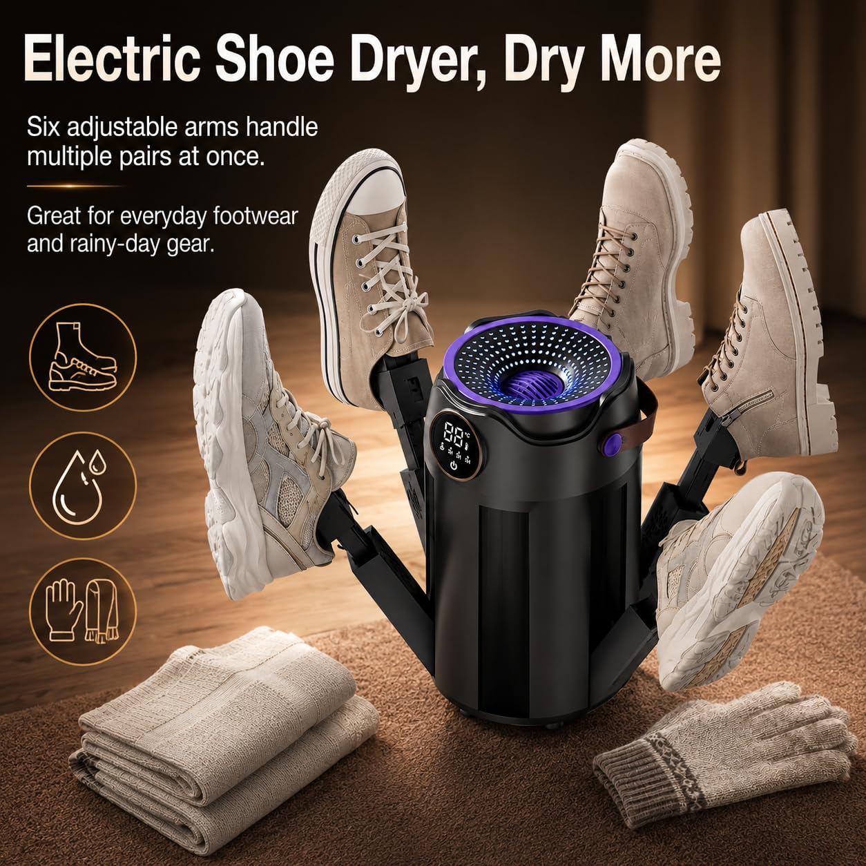 Secador de zapatos eléctrico, 6 brazos ajustables, temporizador 3/6/9H