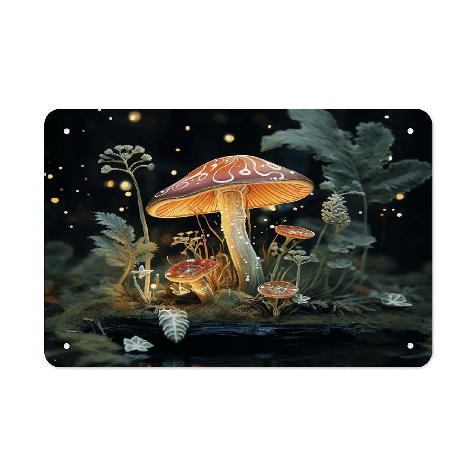 Butterfly Mushroom Metal Tin Sign 12"x8" Wall Art Prints Poster Decorative Picture Metal Signboard Decor Painting Folded Edge Iron Sheet Painting with Holes for Wall Decor