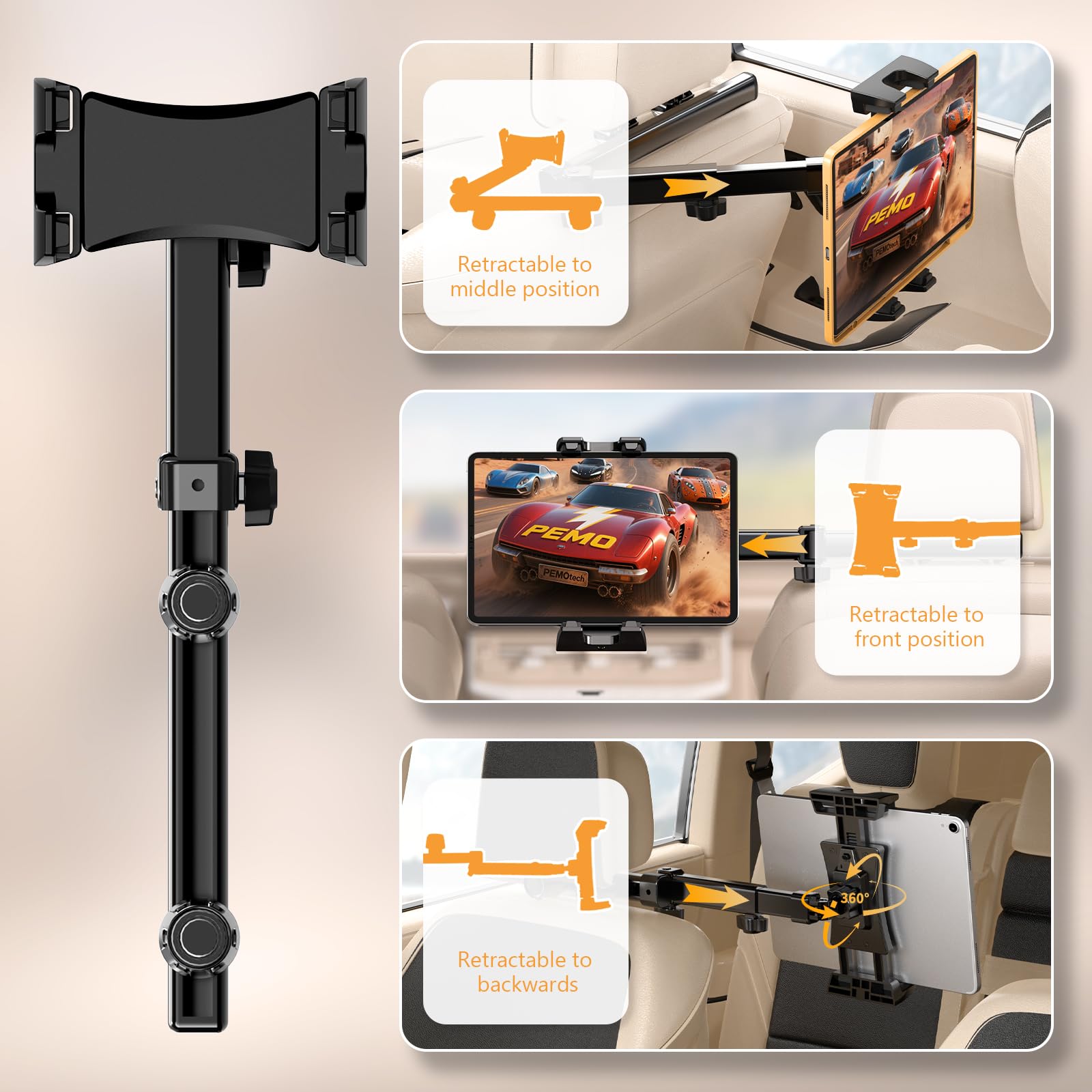 PEMOTech Tablet Halterung Auto, Stärkere Tragfähigkeit Tablethalterungen Auto, Zweiachsig Ausziehbar KFZ Tablet Halter Kopfstütze, Anti-Stoß Tablet für iPad, Switch, 4,7-13 Zoll Geräte