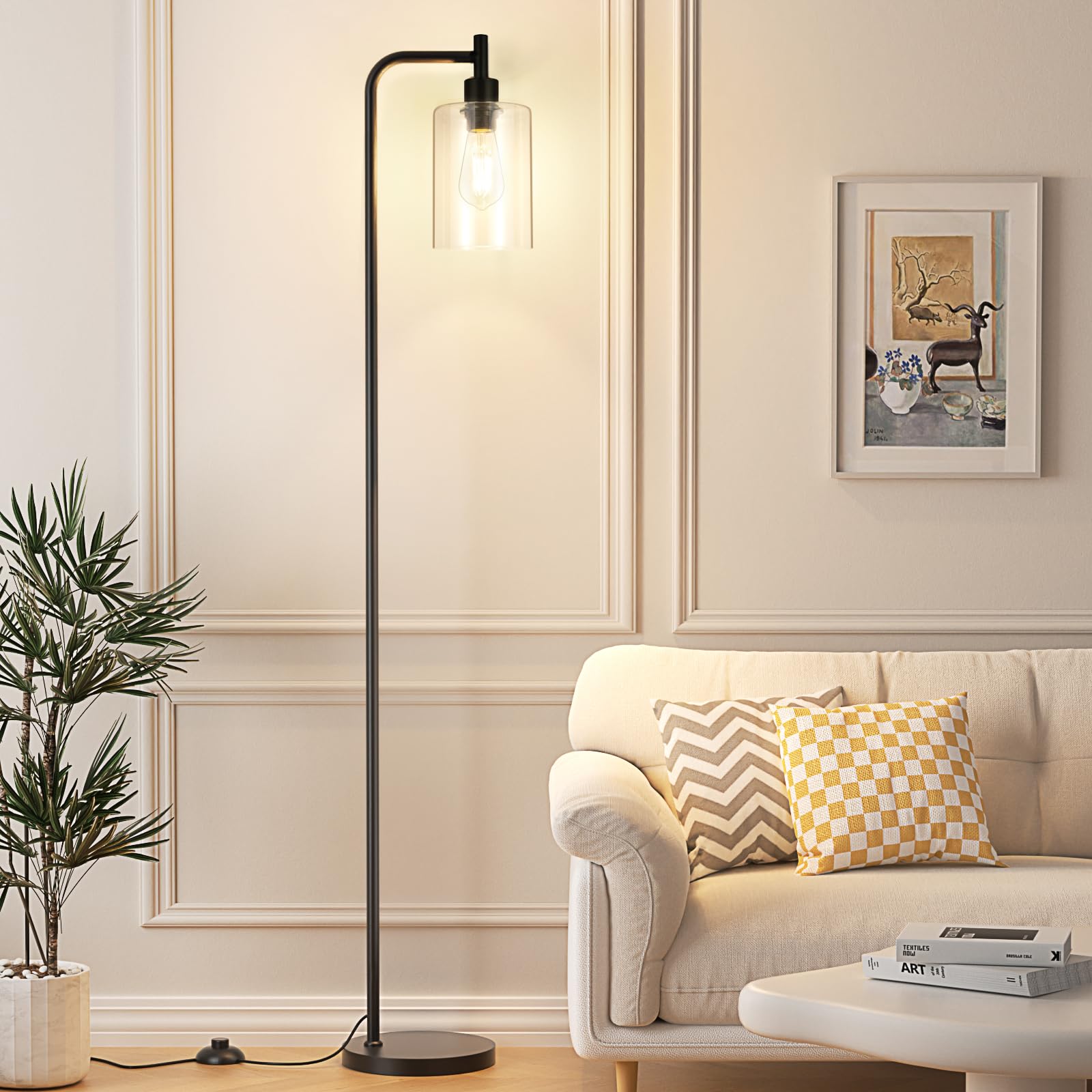 Industrial Floor Lamp with Glass Shade - Black, LED Bulbs, Foot Pedal Switch, Easy Assembly