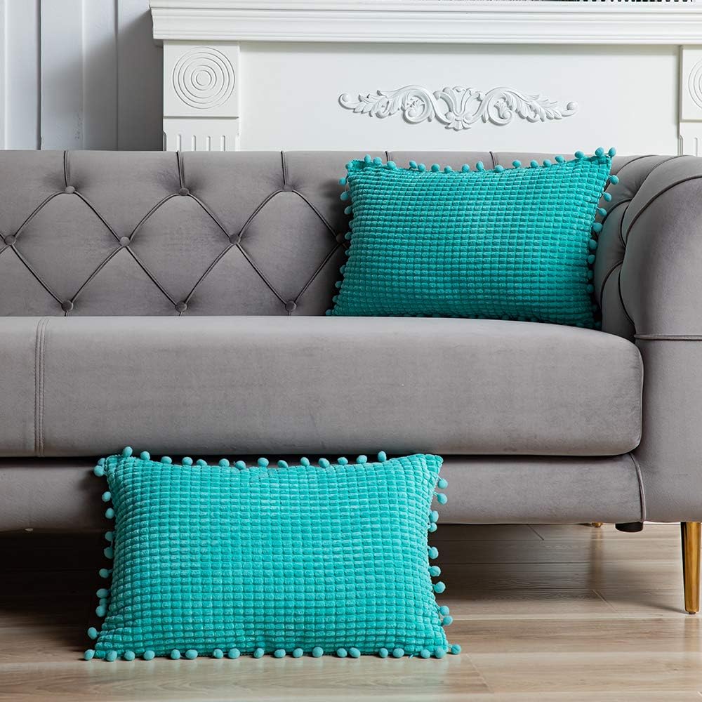 DEZENE 12x20 Inch Decorative Throw Pillow Covers - 2 Pack Soft Corduroy Corn Striped Pom-poms Corduroy Corn Striped Square Pillow Cases for Bedroom Sofa Couch Living Room, Turquoise
